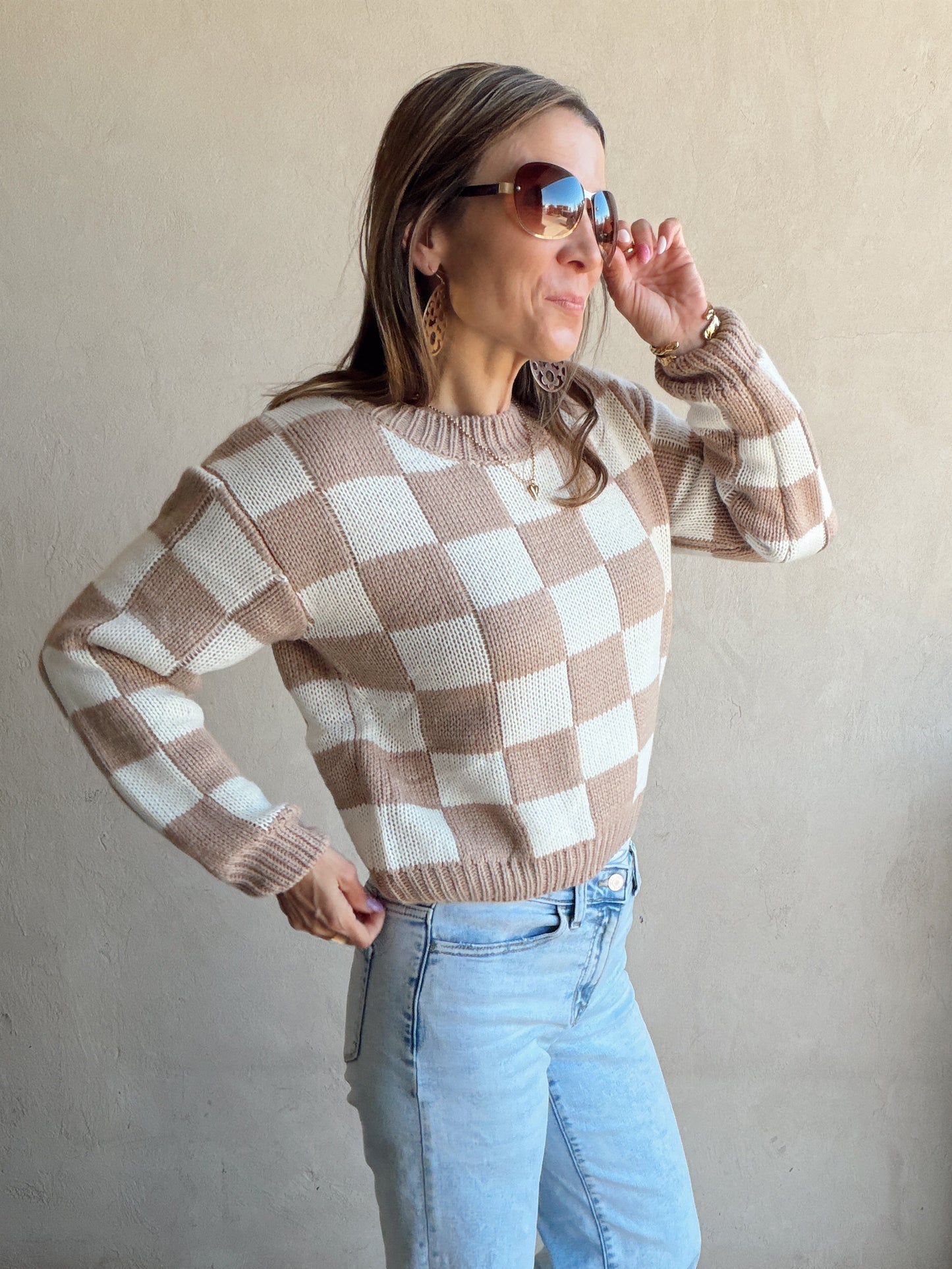 Sienna Check Sweater in Beige & Ivory