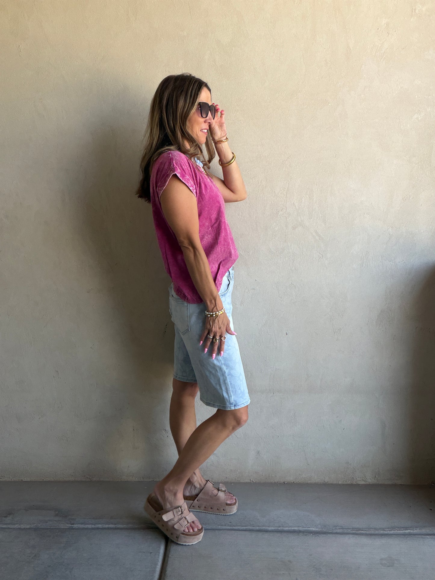 Chloe Floral Bermuda Shorts in Light Wash