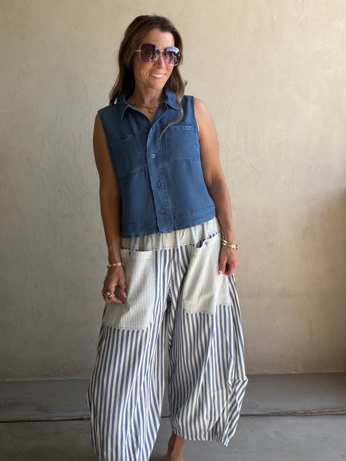 Charley Striped Parachute Pants in Blue & Cream