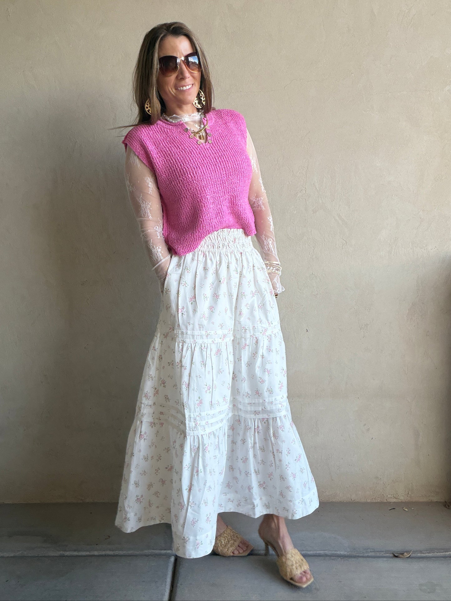 Kynlee Skirt in White & Pink & Green Floral