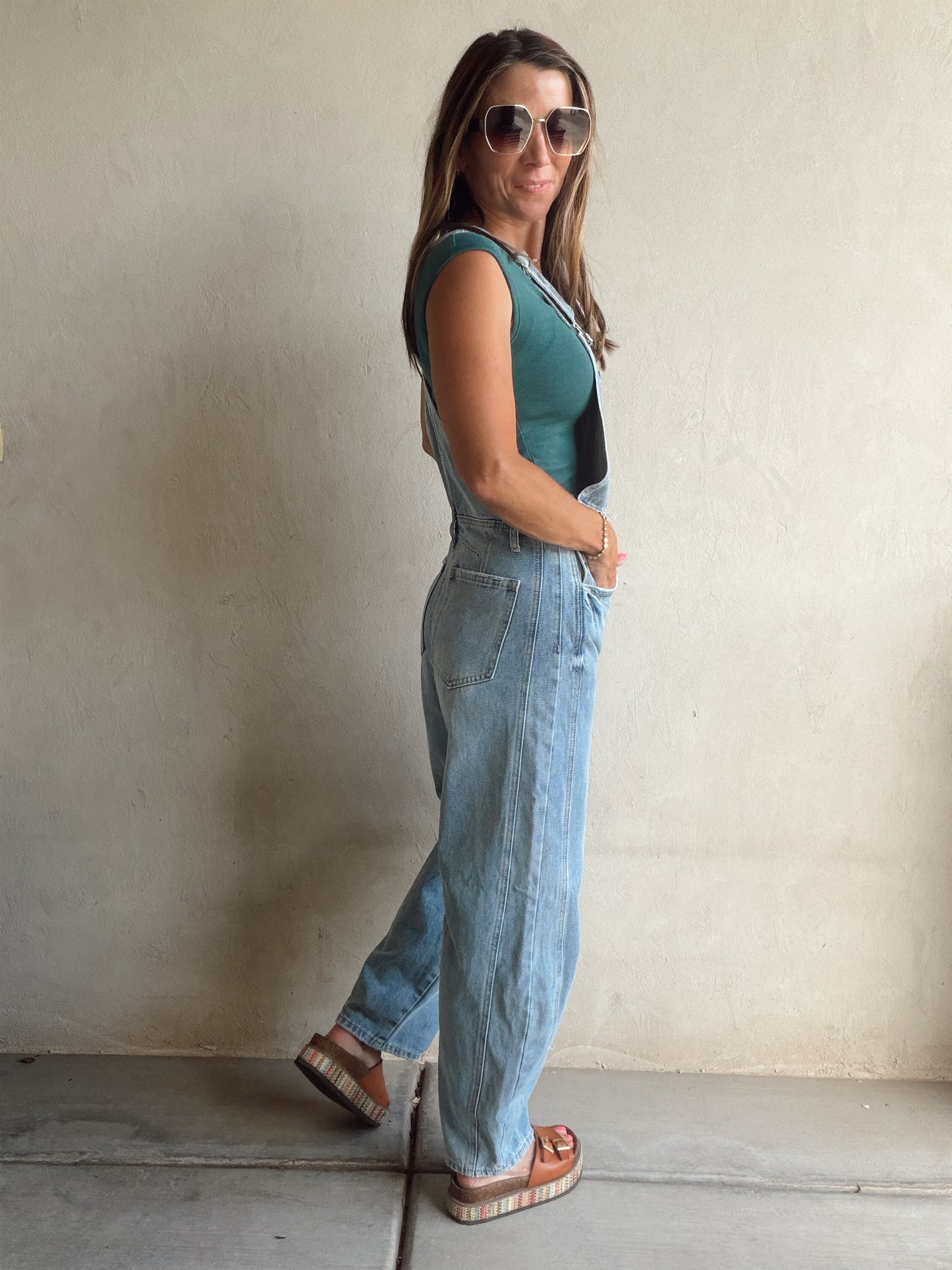Bridget Denim Barrel Overalls in Medium Wash