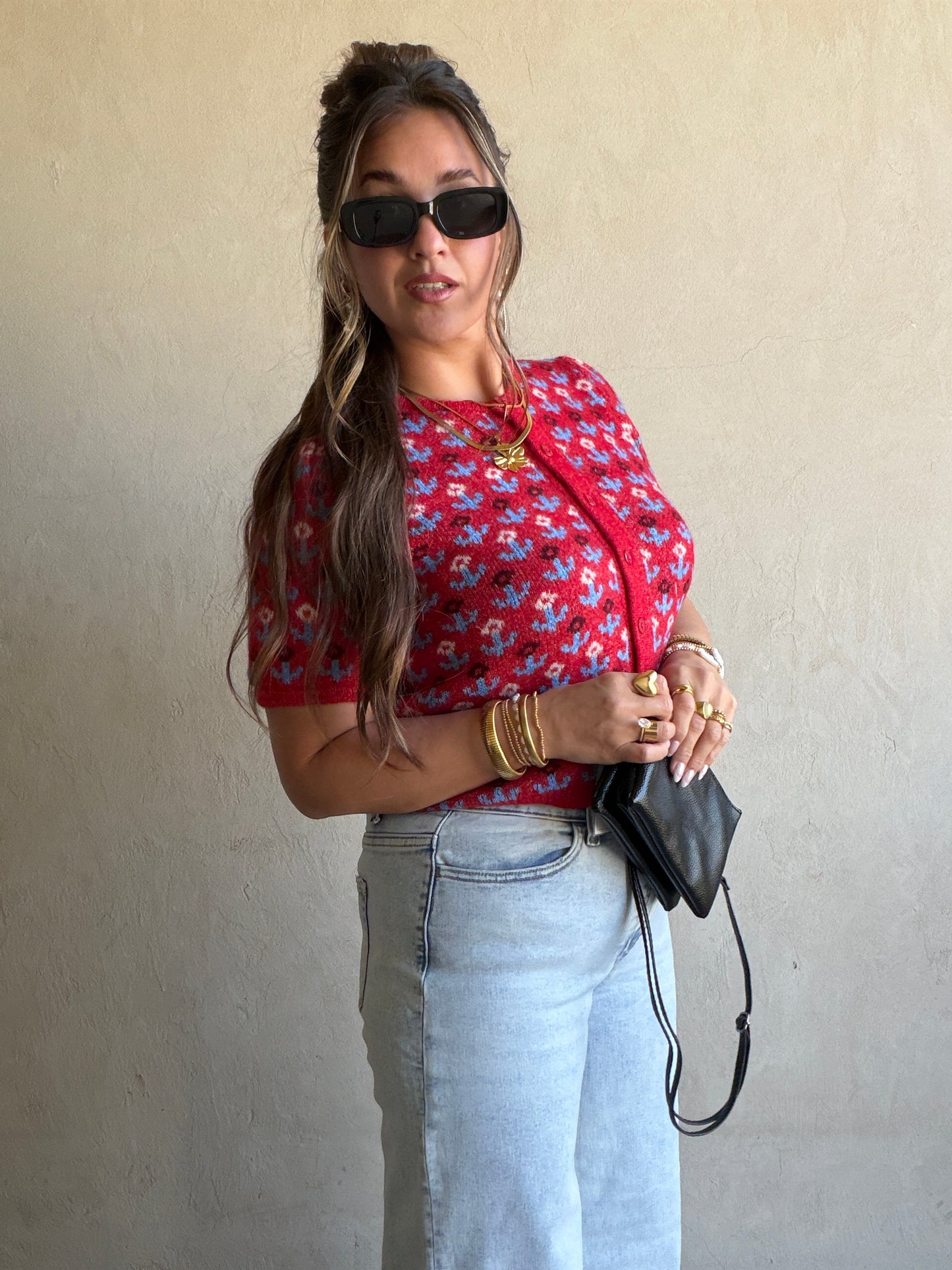 Maddy Button Down Cardigan in Red & Blue