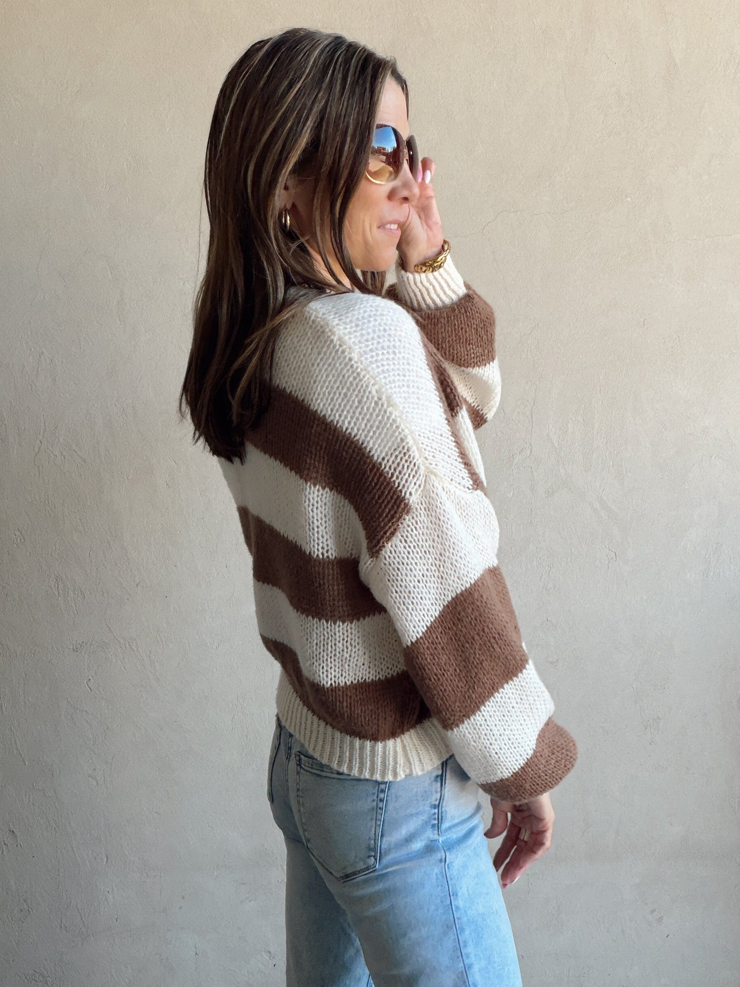 Brendee Striped Cardigan in Mocha & Cream