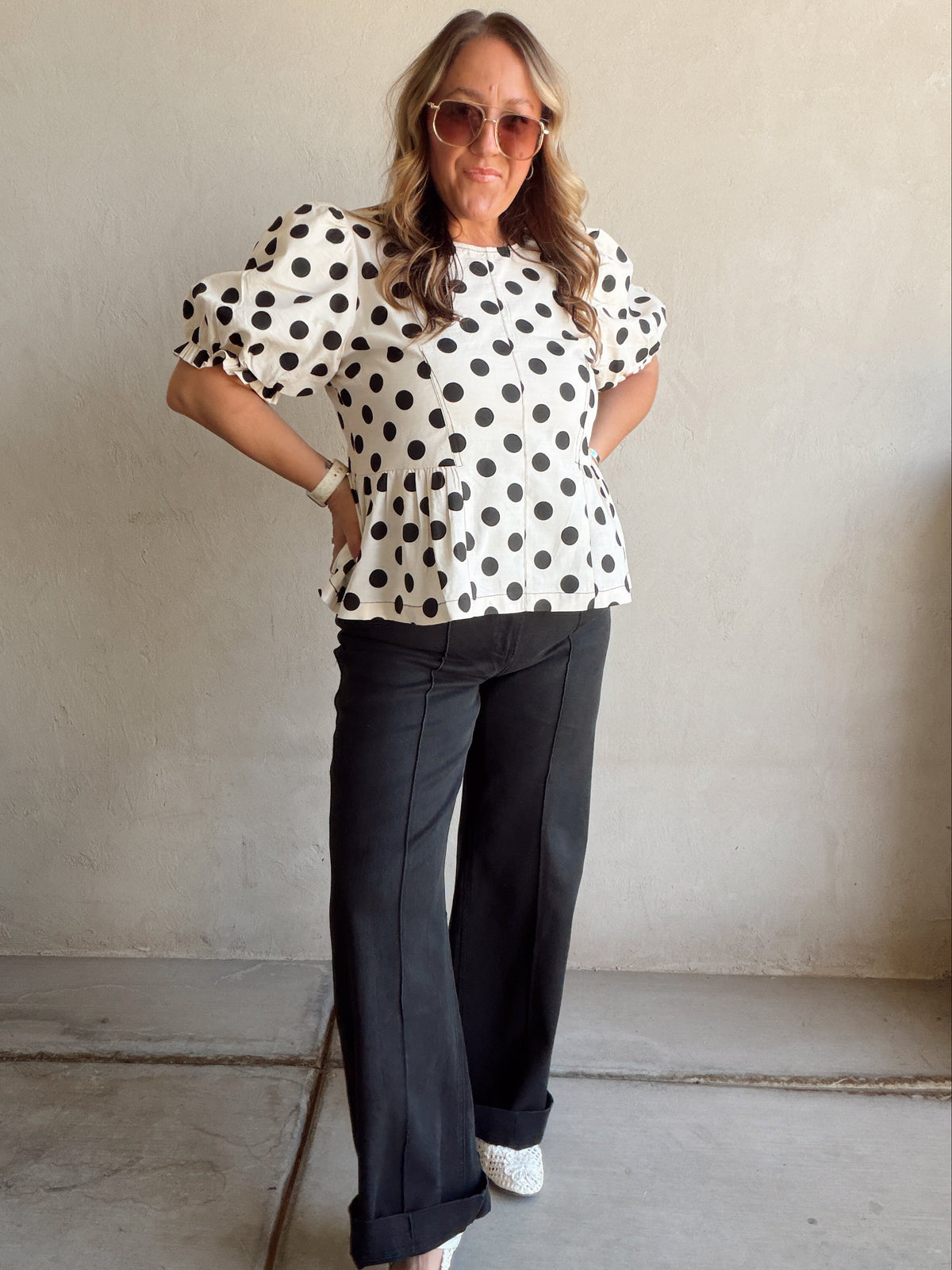 Barb Polka Dot top in Natural & Black