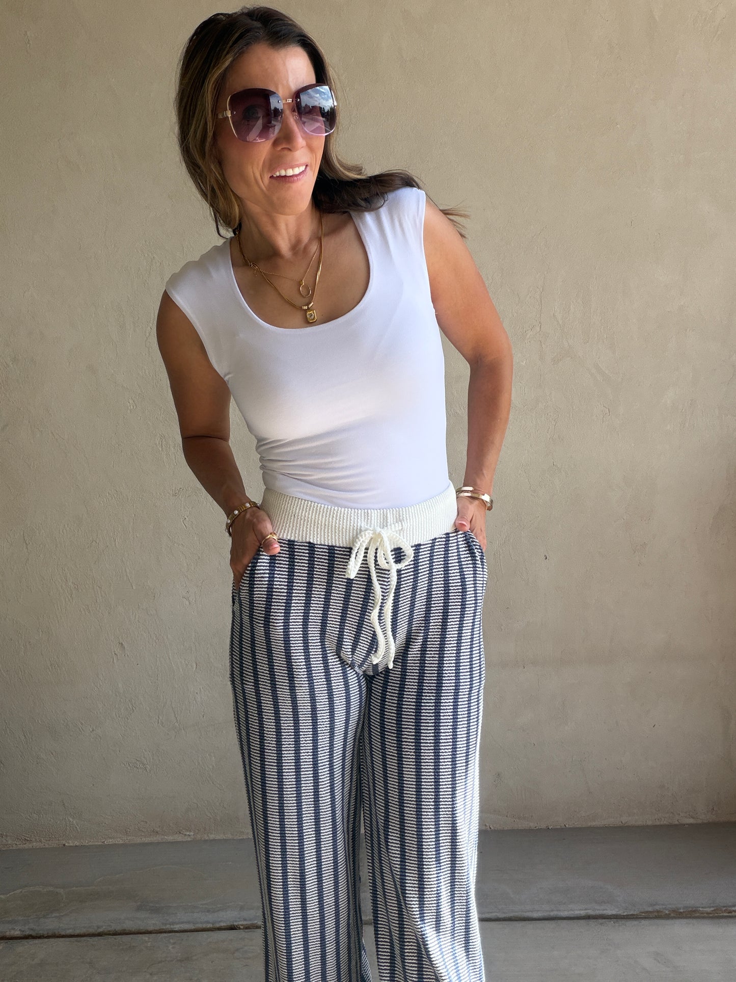 Andrea Ribbed Pants in Navy & Ivory