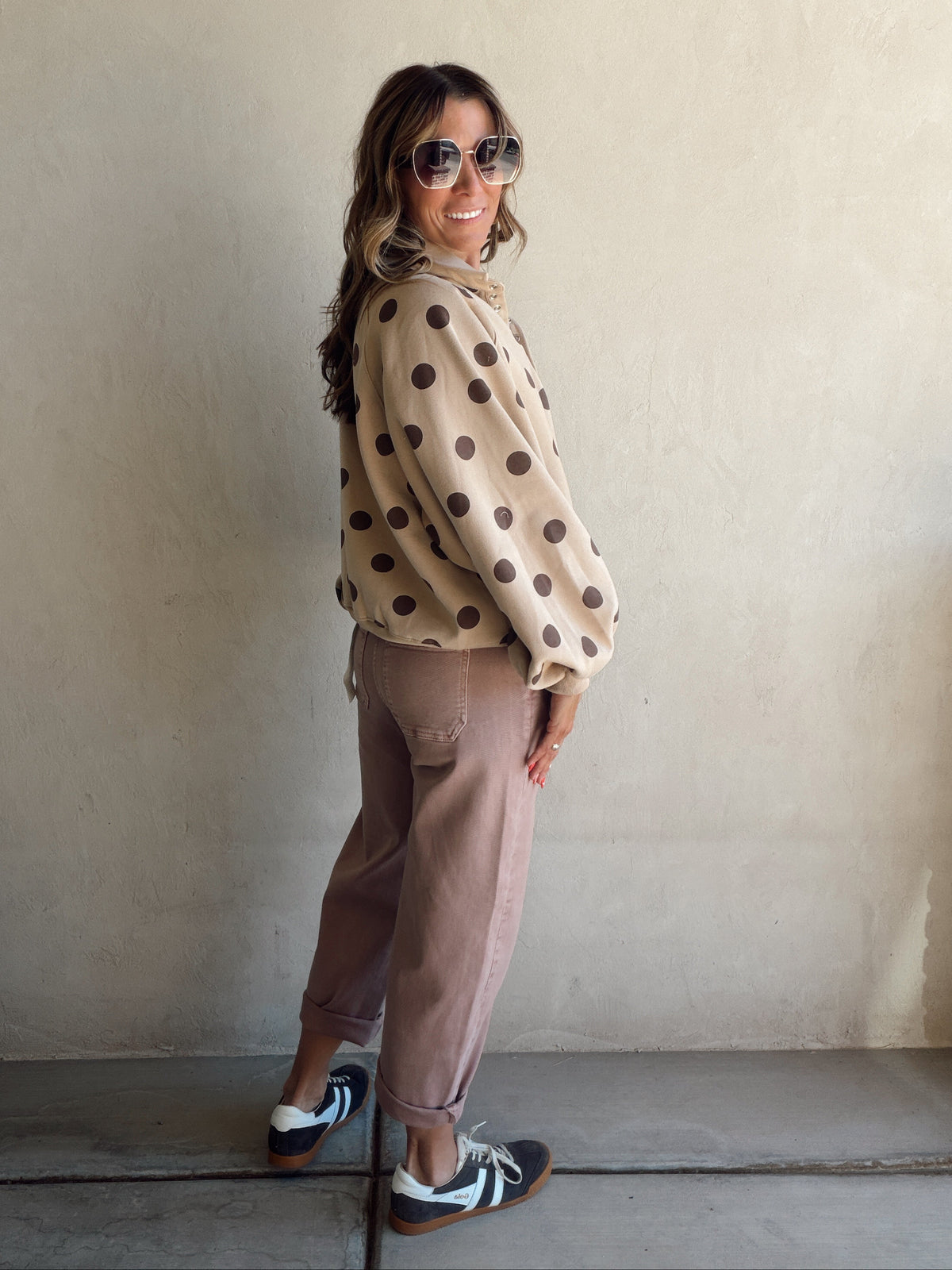 Kaylani Sweatshirt in Taupe & Chocolate Polka Dot