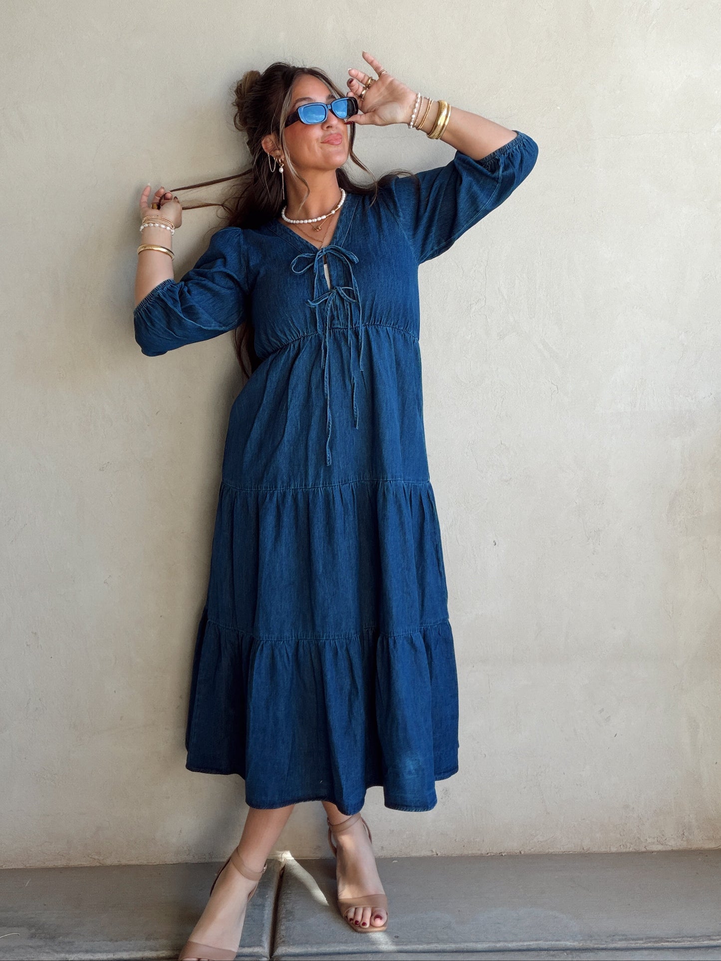 Jolee Bow Maxi Dress in Denim