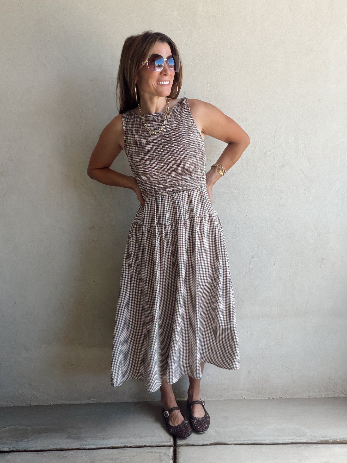 Denise Dress in Gingham Dress in Chocolate & Cream