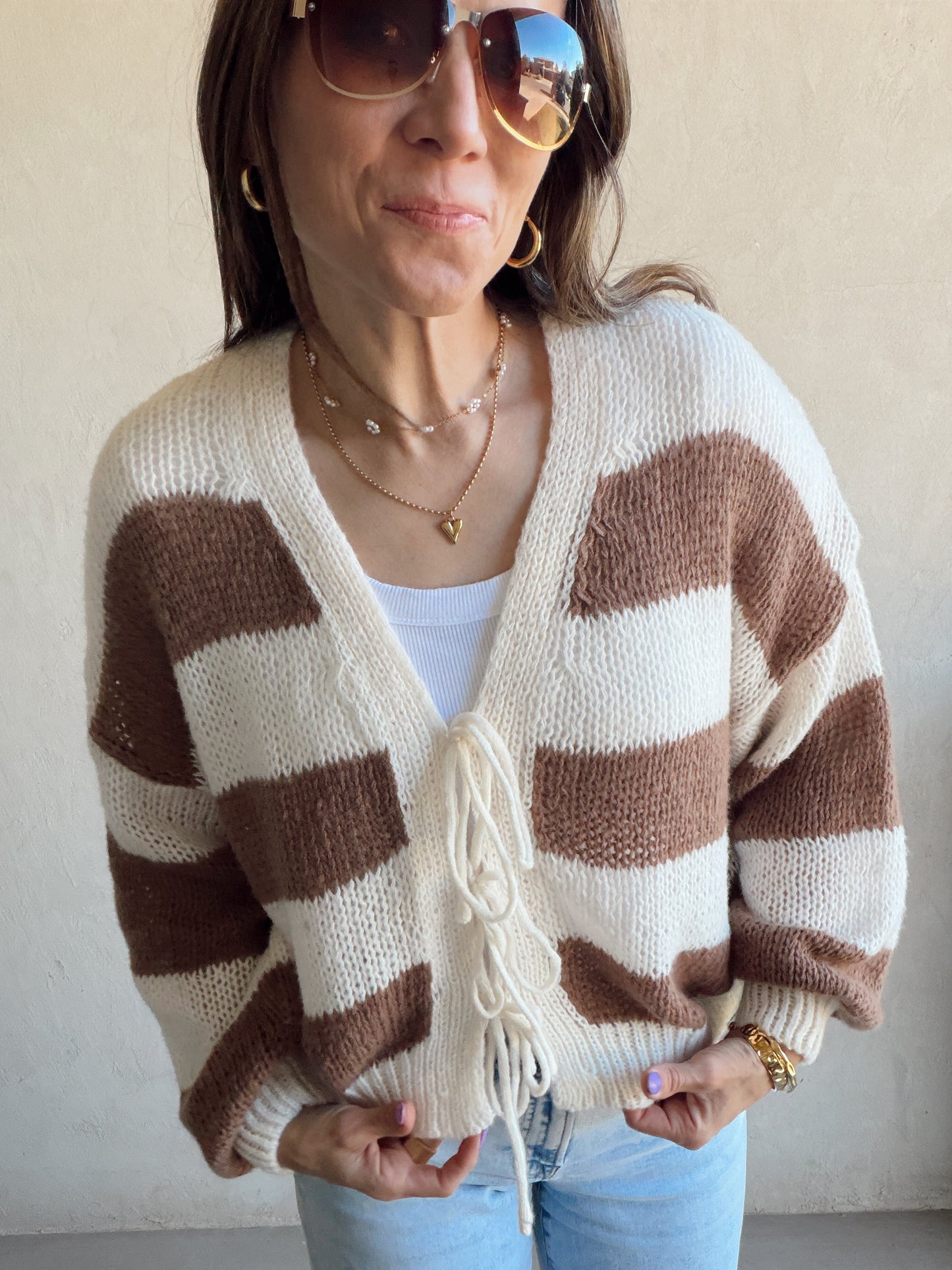 Brendee Striped Cardigan in Mocha & Cream