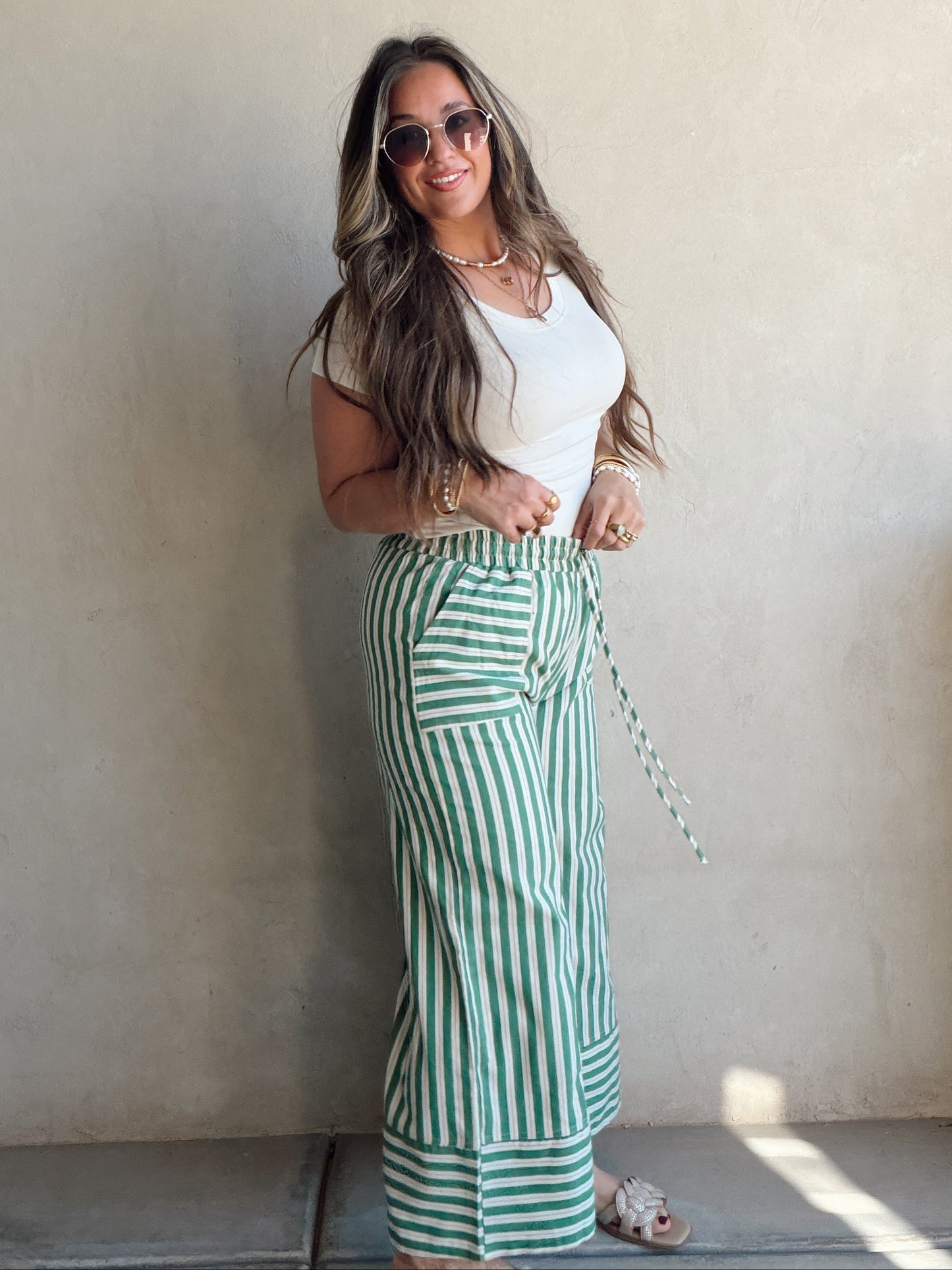 Kyla Drawstring Stripe Linen Pants in Green & Sand
