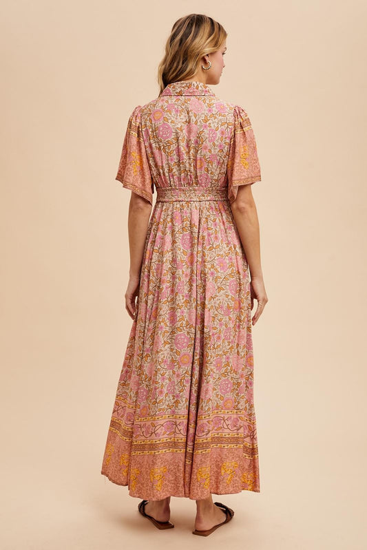 Cassie Border Print Dress in Natural Rose