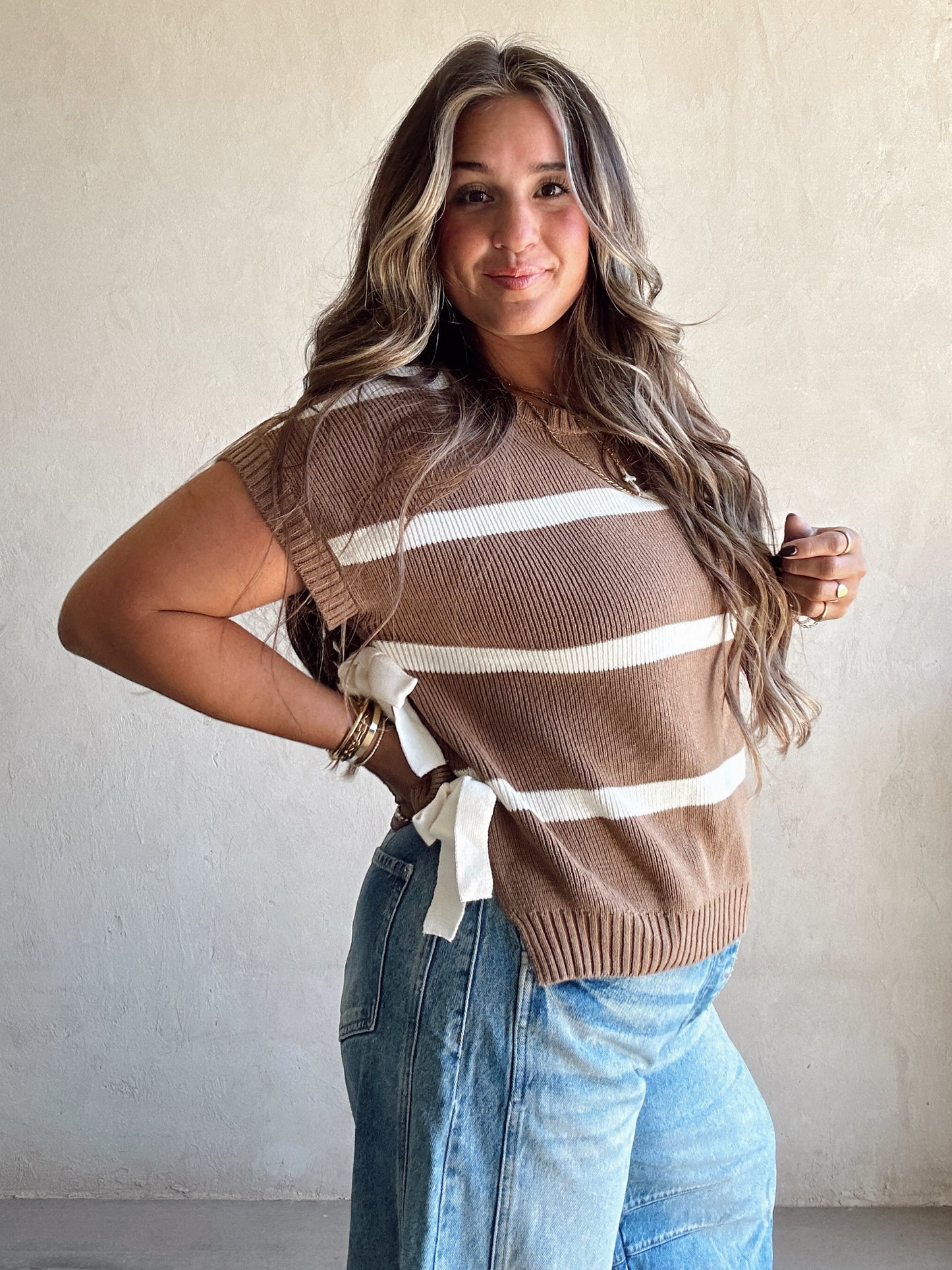 Lainee Striped Top with Side Bows in Navy, Mocha, and Ivory