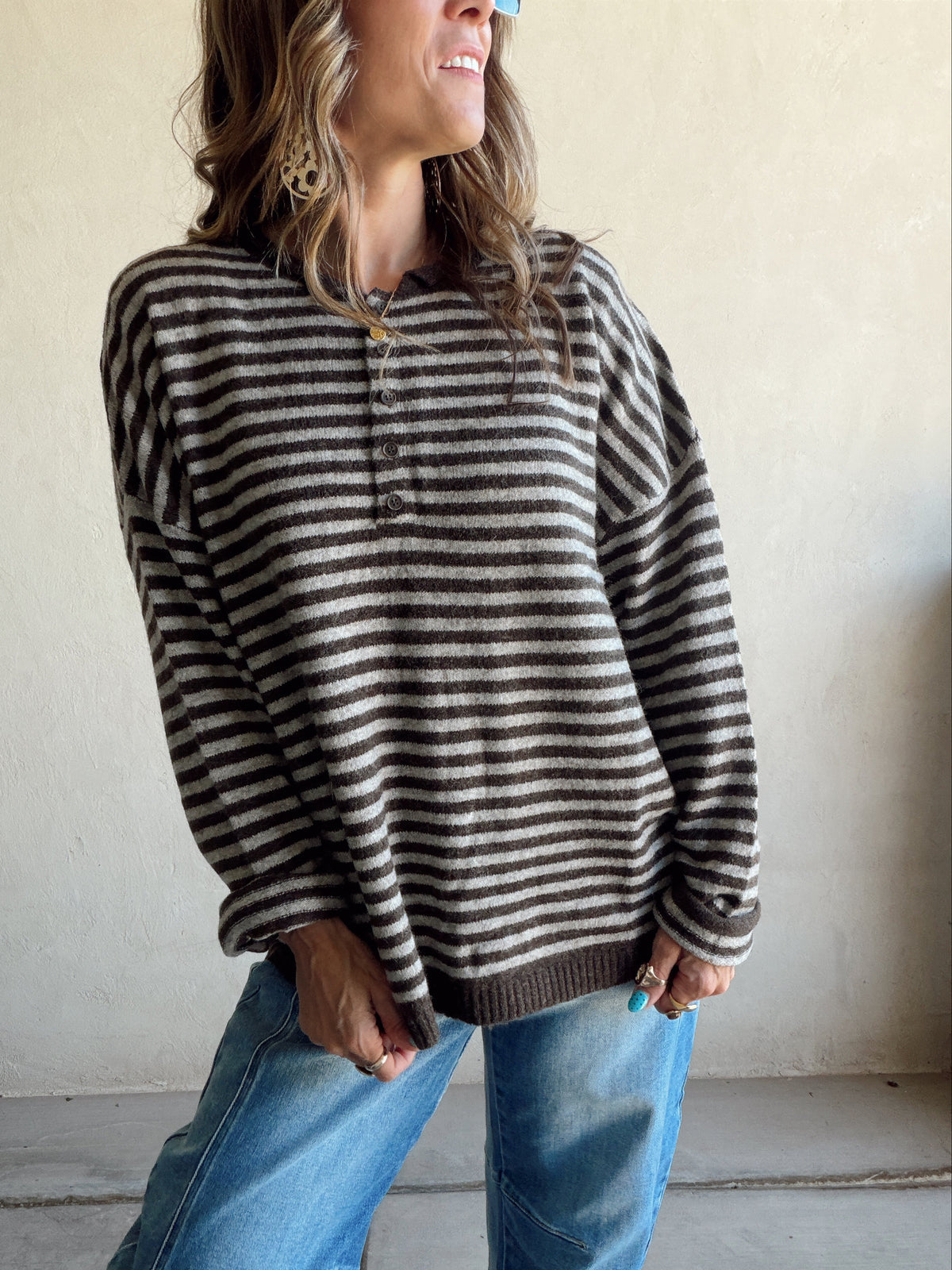 Hanna Henley Sweater in Chocolate Brown