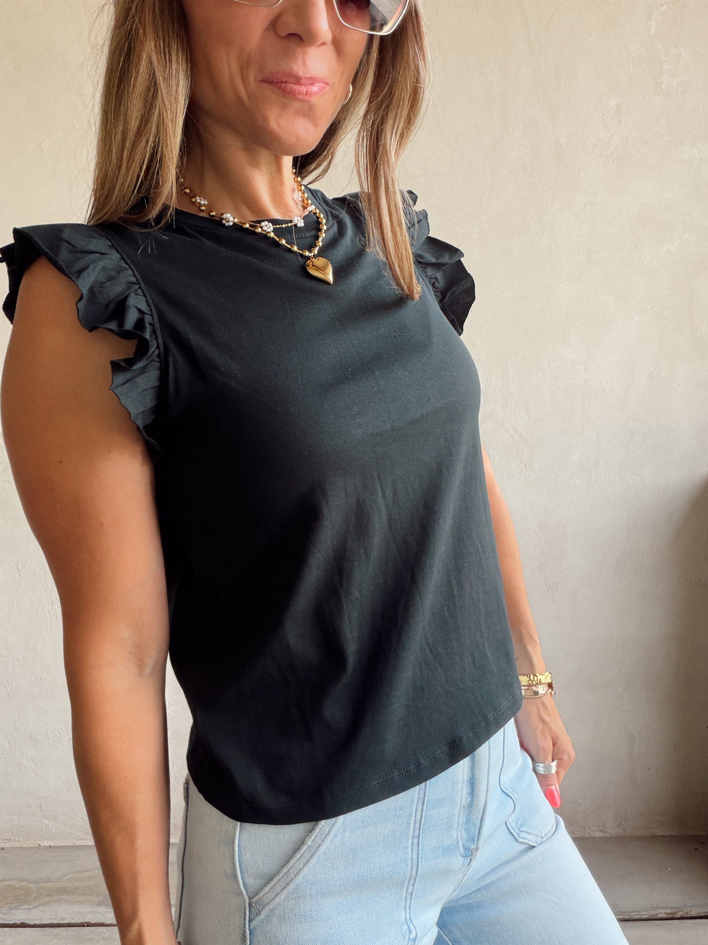 Hannah Ruffle Sleeve Tank in Black