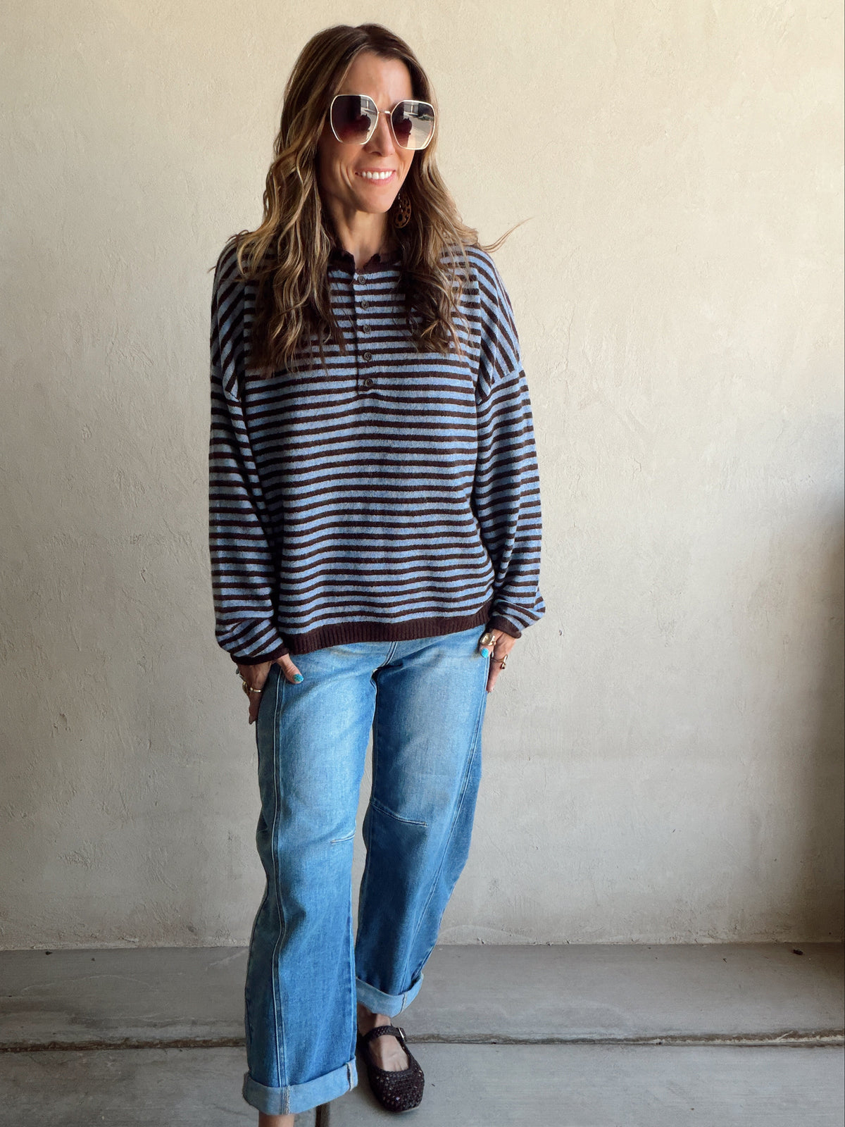 Hanna Henley Sweater in Blue & Chocolate