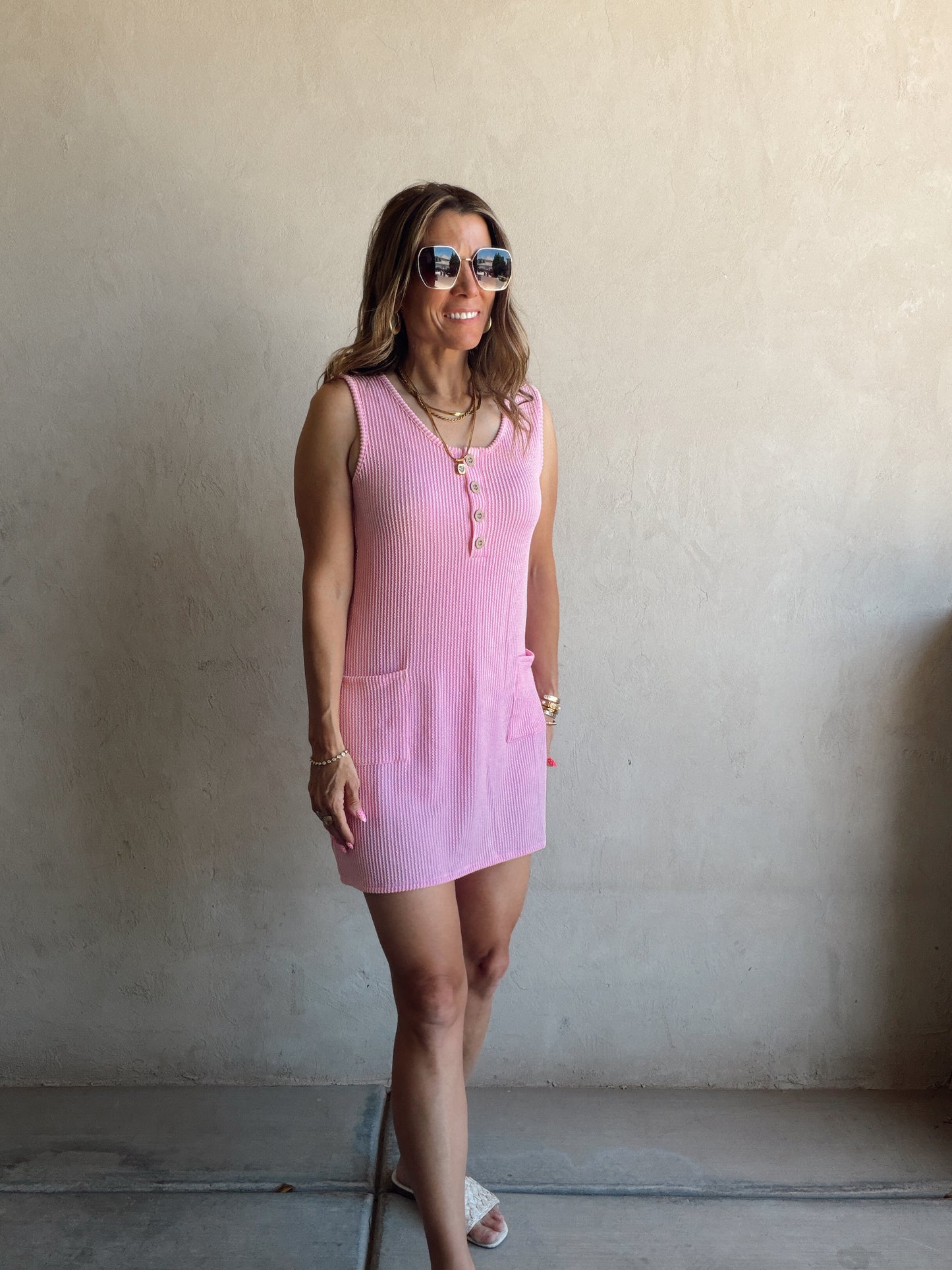 Naomi Ribbed Dress in Bubblegum Pink