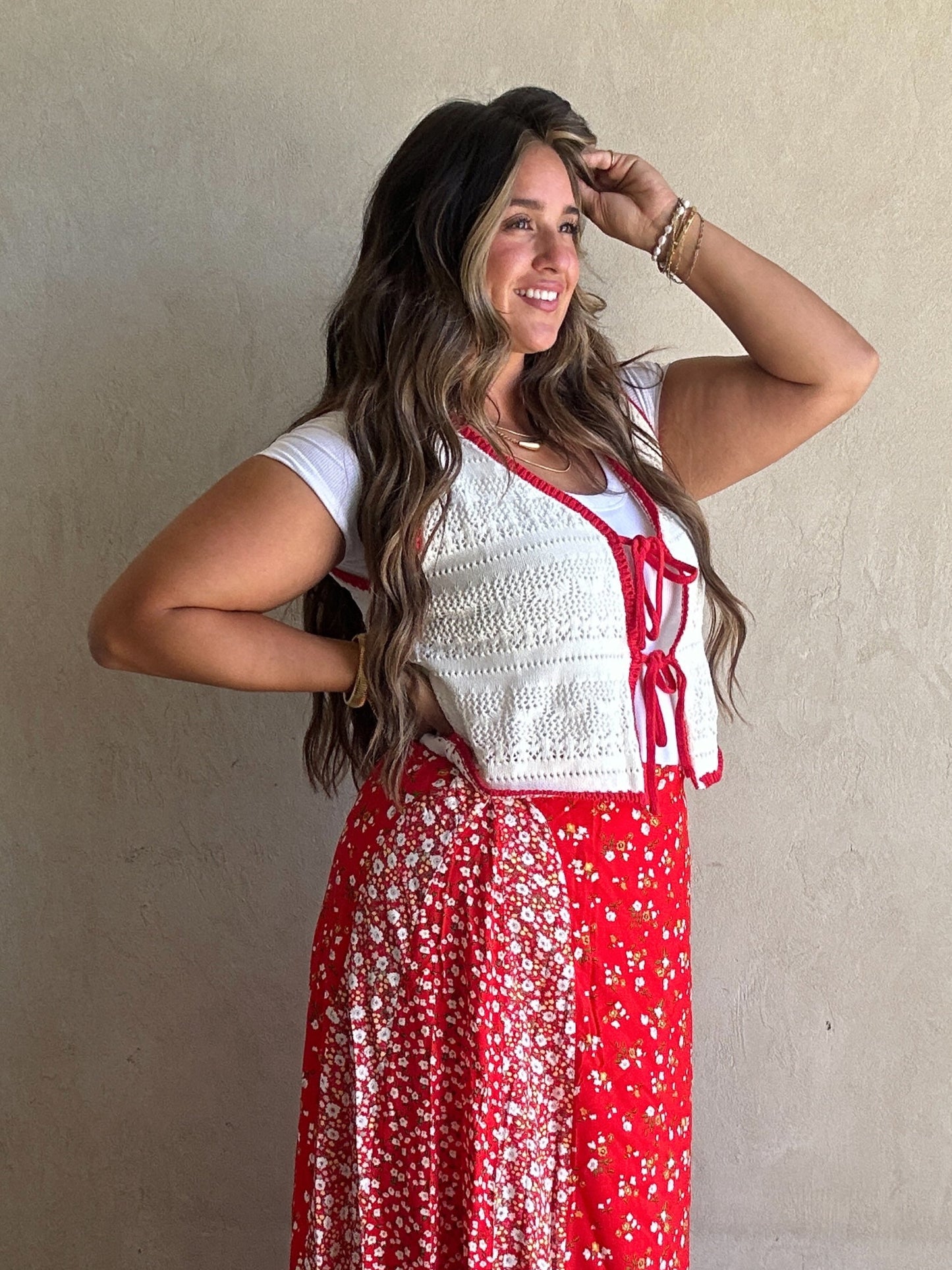 Kiana Crochet Vest in White with Red Trim