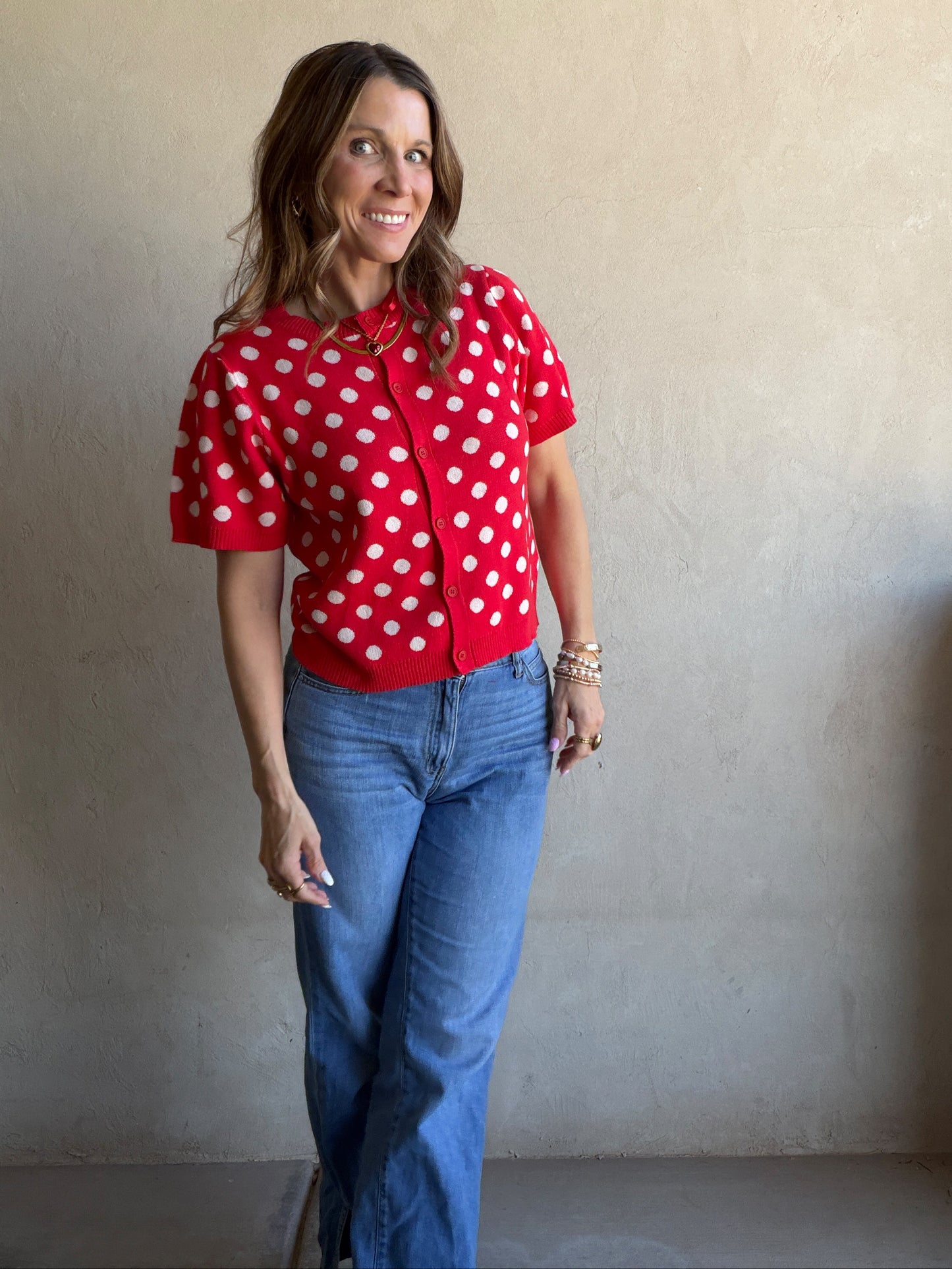 Polka Dot Cardigan in Red & Ivory