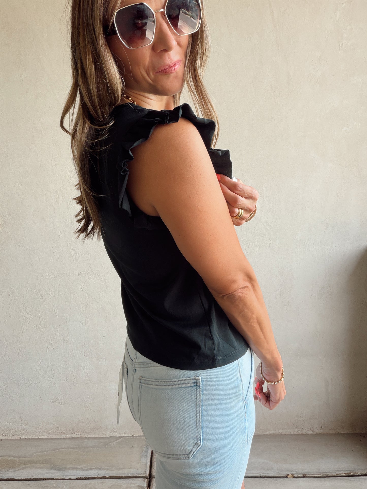 Hannah Ruffle Sleeve Tank in Black
