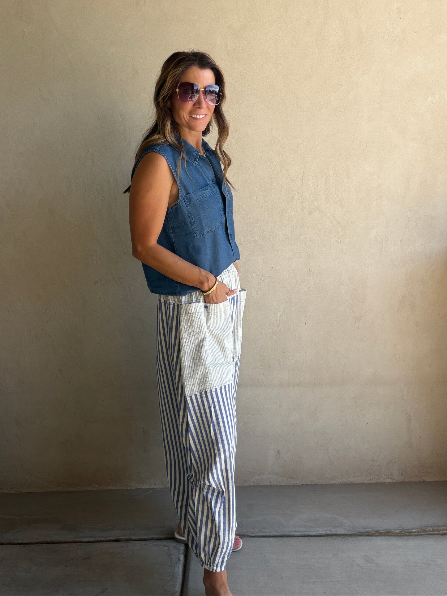Charley Striped Parachute Pants in Blue & Cream