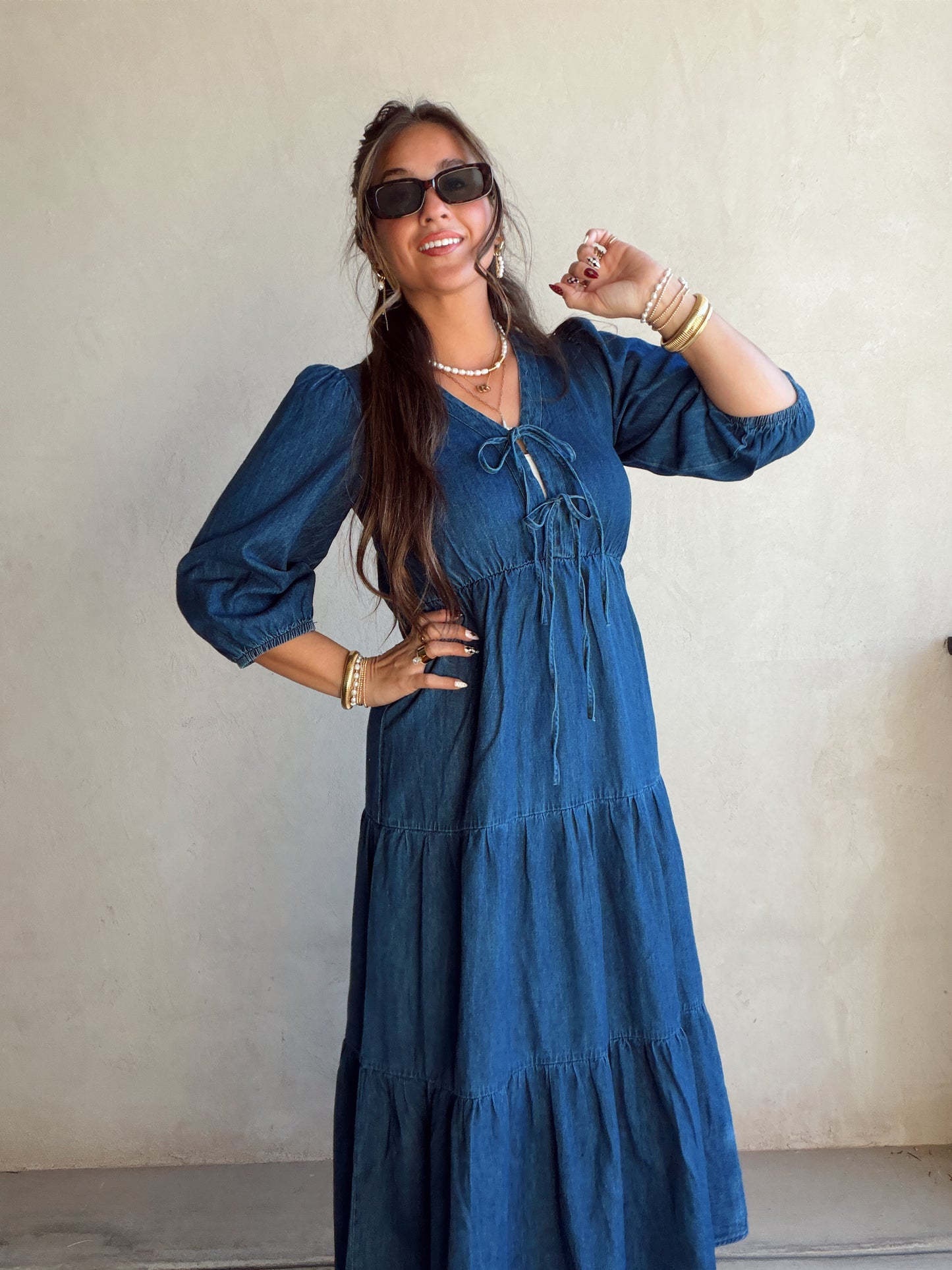 Jolee Bow Maxi Dress in Denim