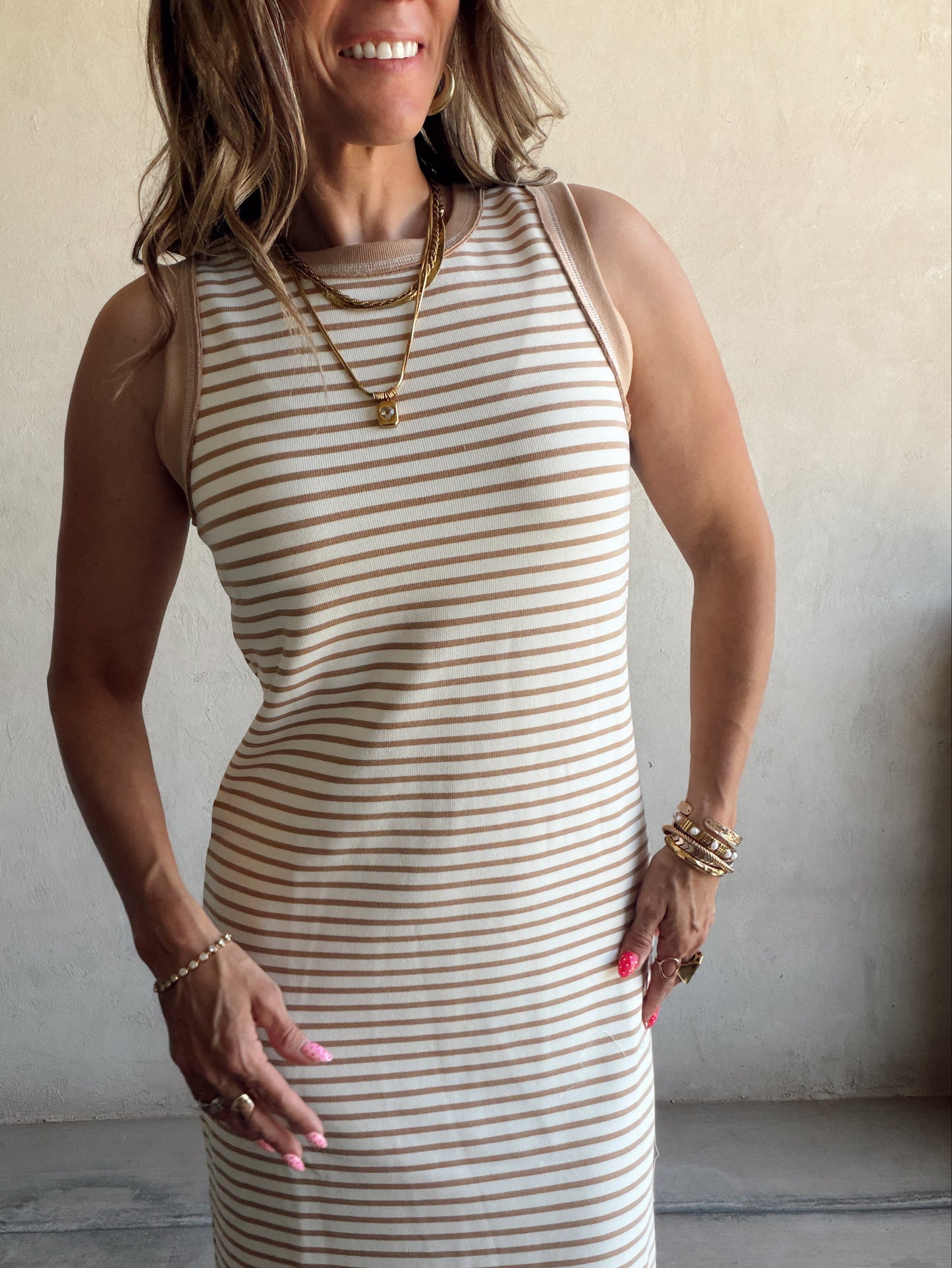 Iris Dress in Camel & Cream