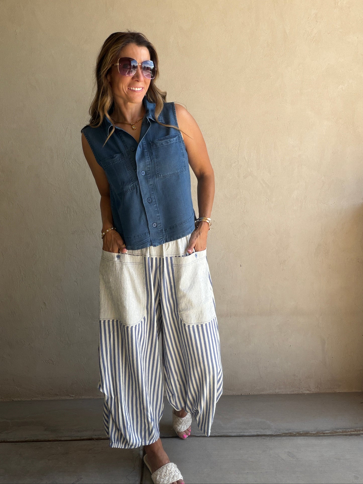 Charley Striped Parachute Pants in Blue & Cream