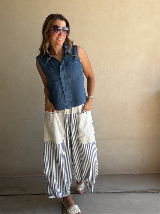 Charley Striped Parachute Pants in Blue & Cream