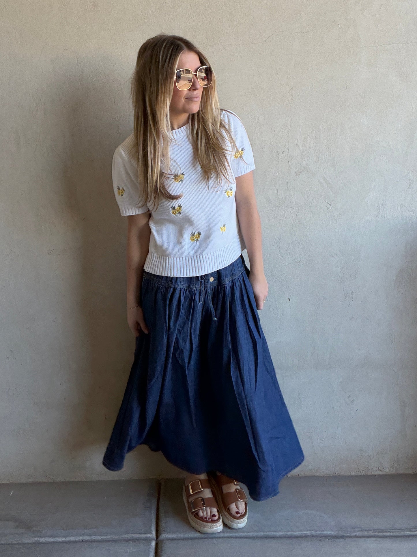 Pintuck Yoke Skirt in Dark Wash