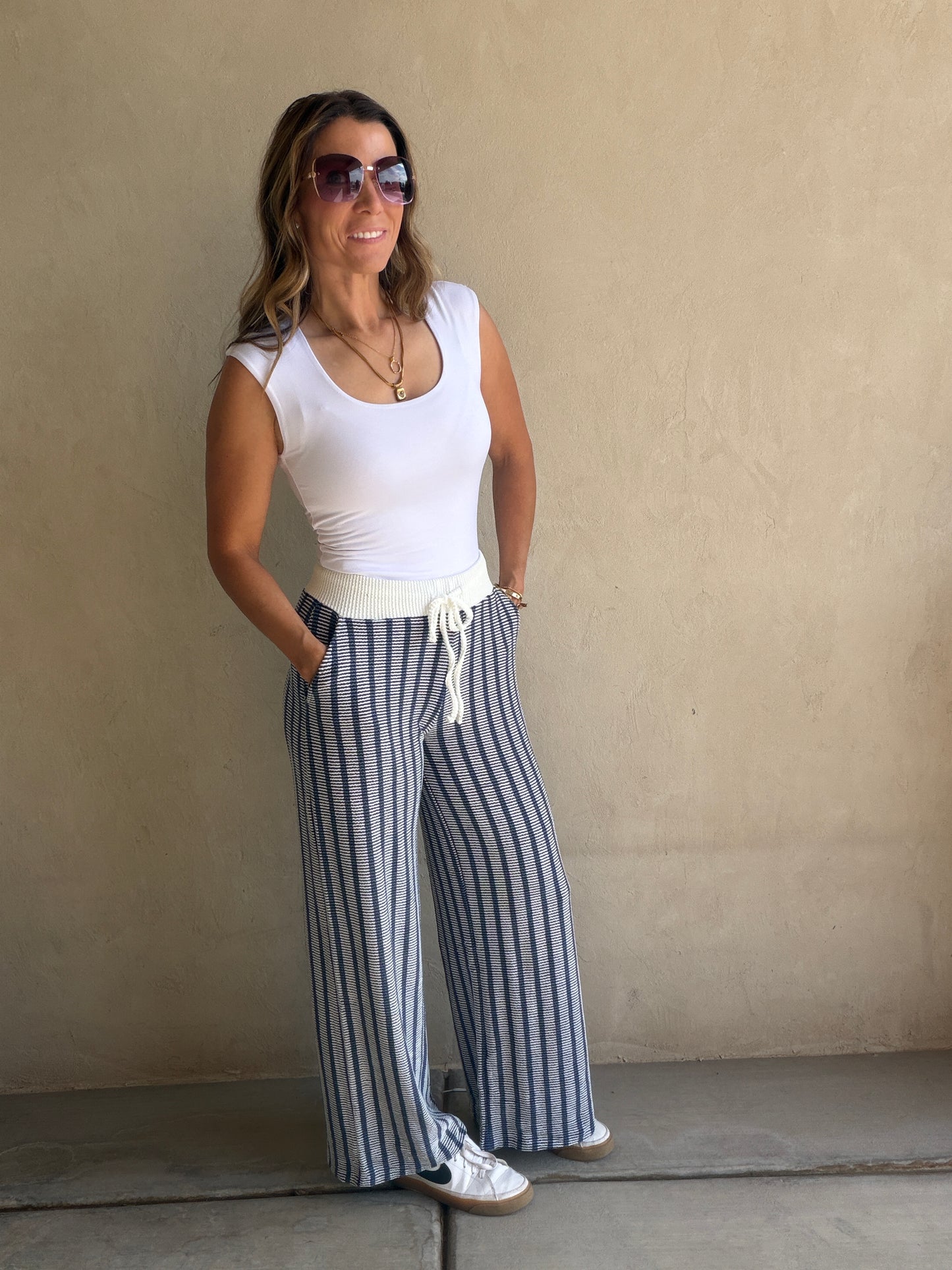 Andrea Ribbed Pants in Navy & Ivory