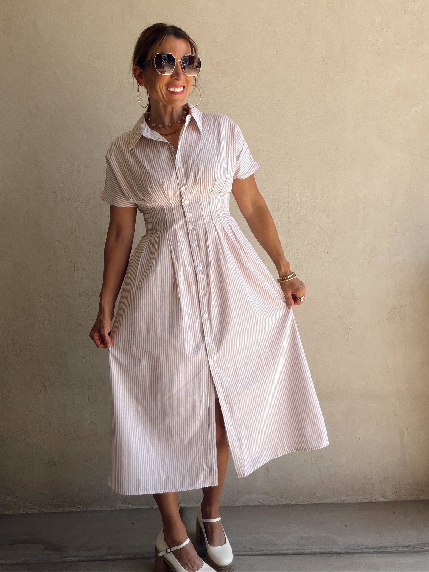 Sherri Striped Dress in Taupe & White