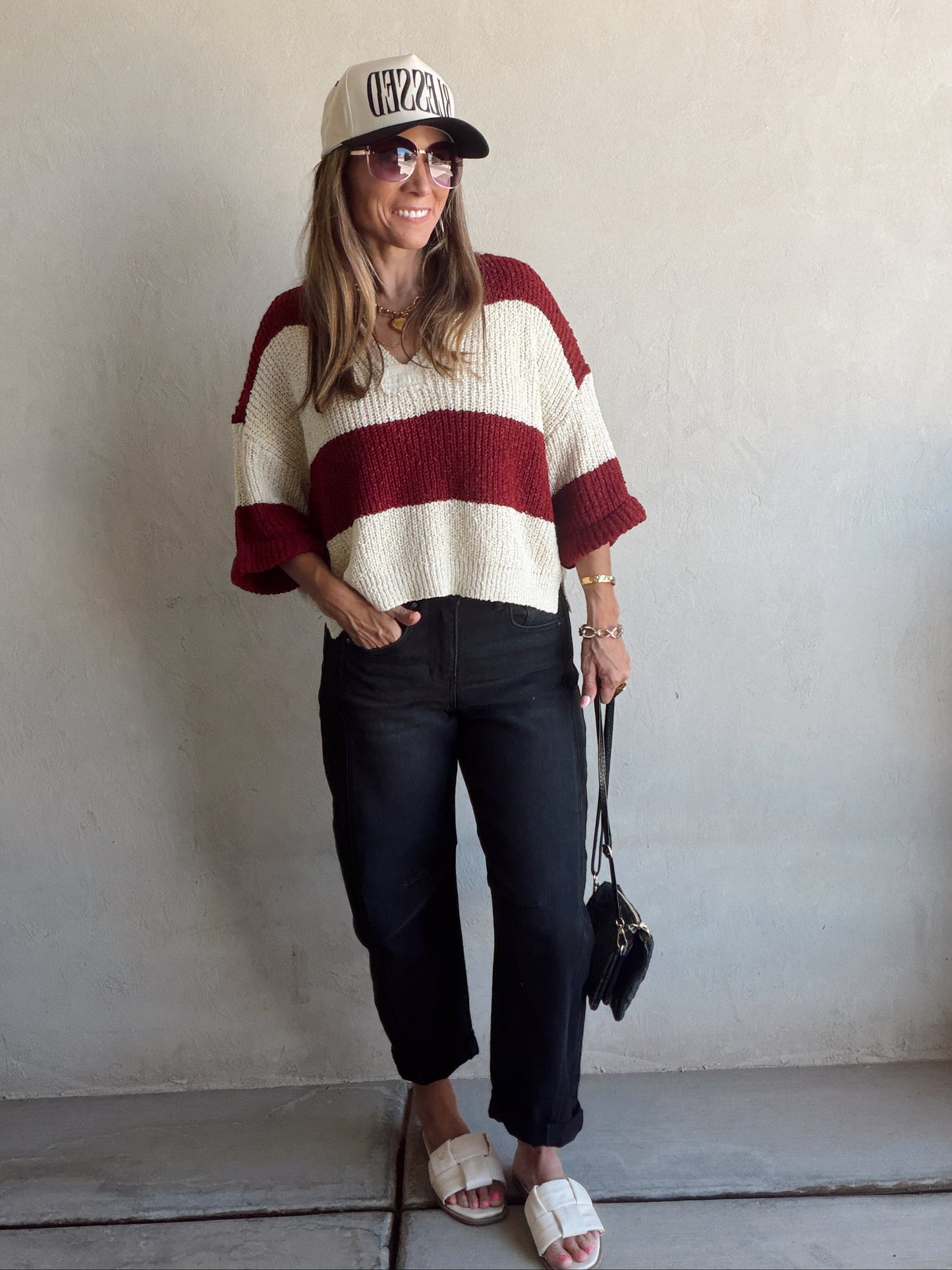 Christy V-Neck Top in Cabernet & Cream