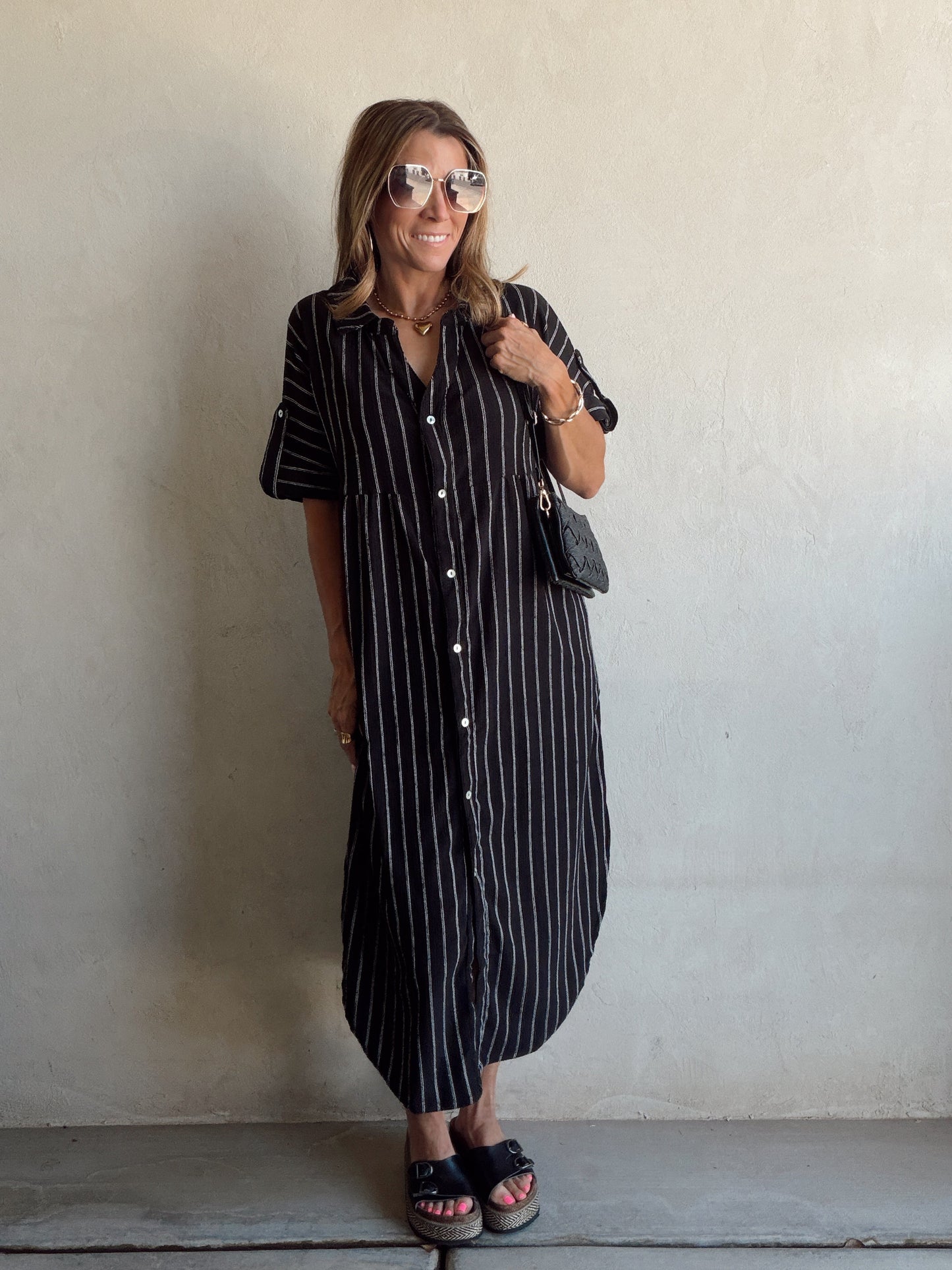 Tia Dress in Black with White Stripes