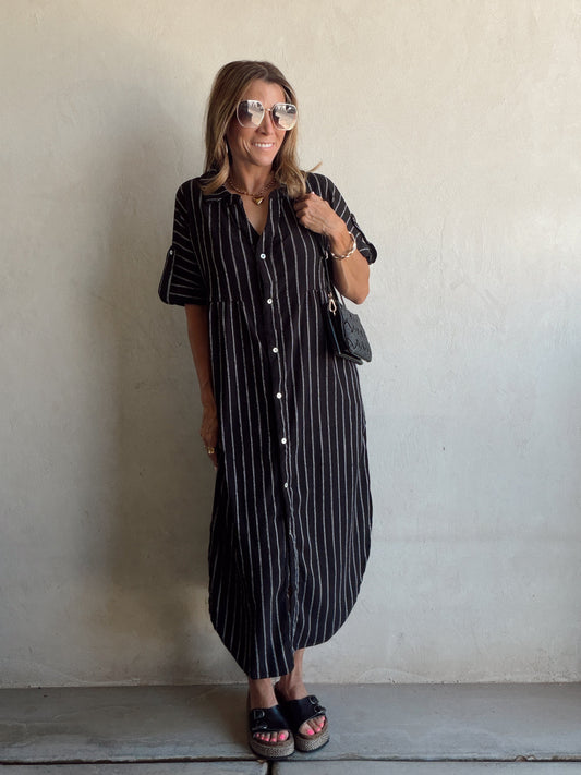Tia Dress in Black with White Stripes