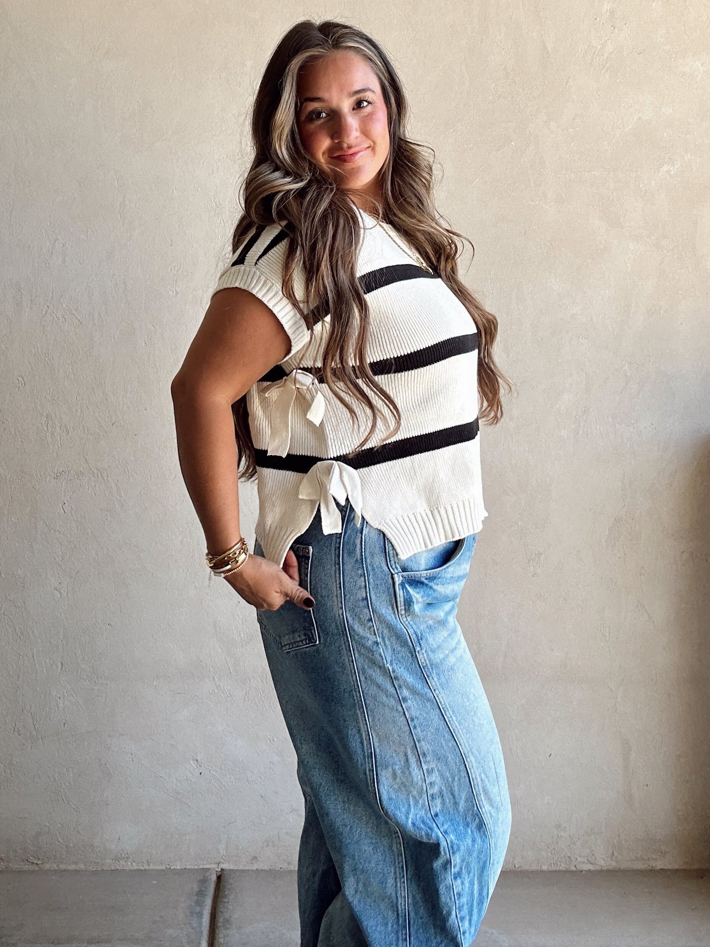 Lainee Striped Top with Side Bows in Navy, Mocha, and Ivory
