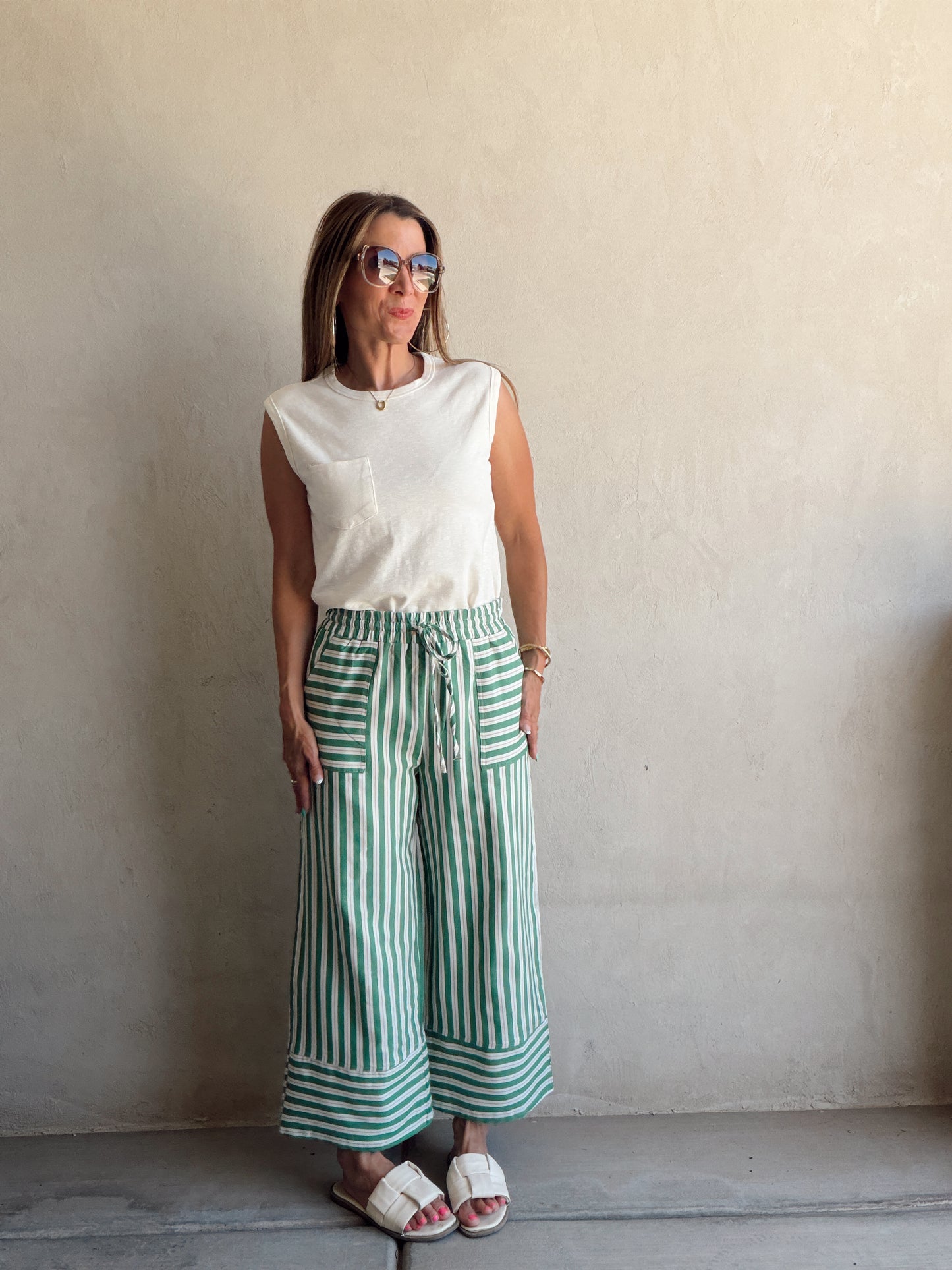 Kyla Drawstring Stripe Linen Pants in Green & Sand