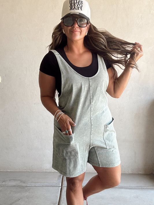 Millie Mineral Washed Romper in Olive