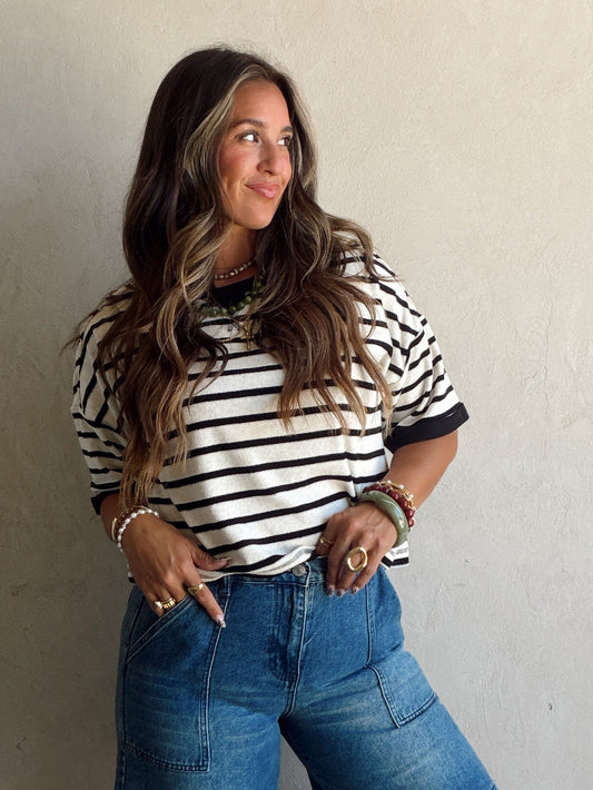 Janna Stripe Top in Oatmeal & Black