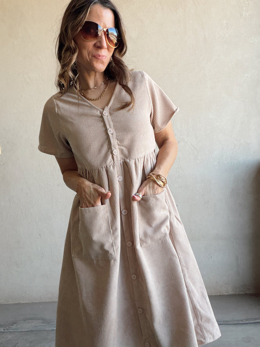 McKayla Corduroy Dress in Beige