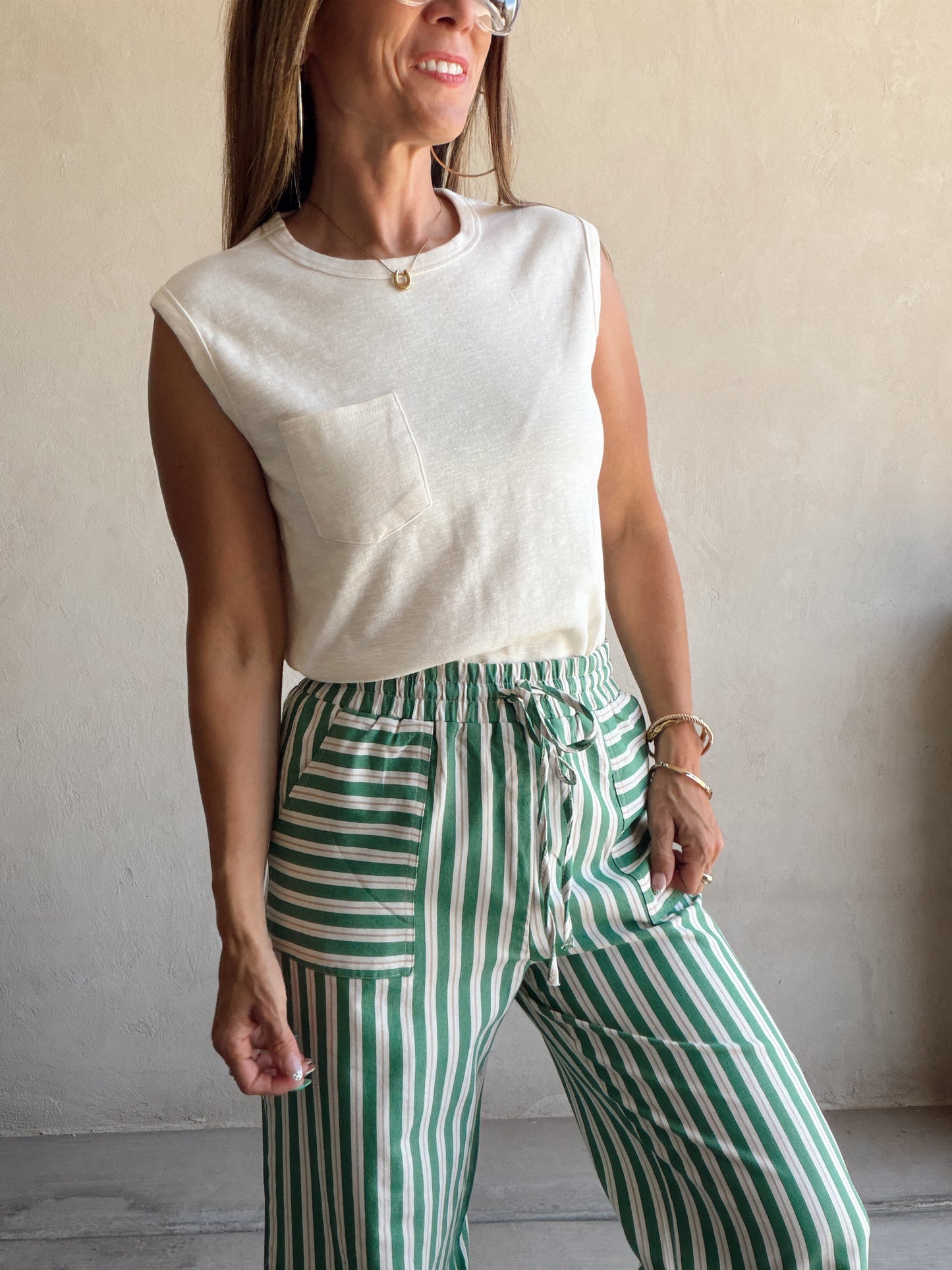 Kyla Drawstring Stripe Linen Pants in Green & Sand