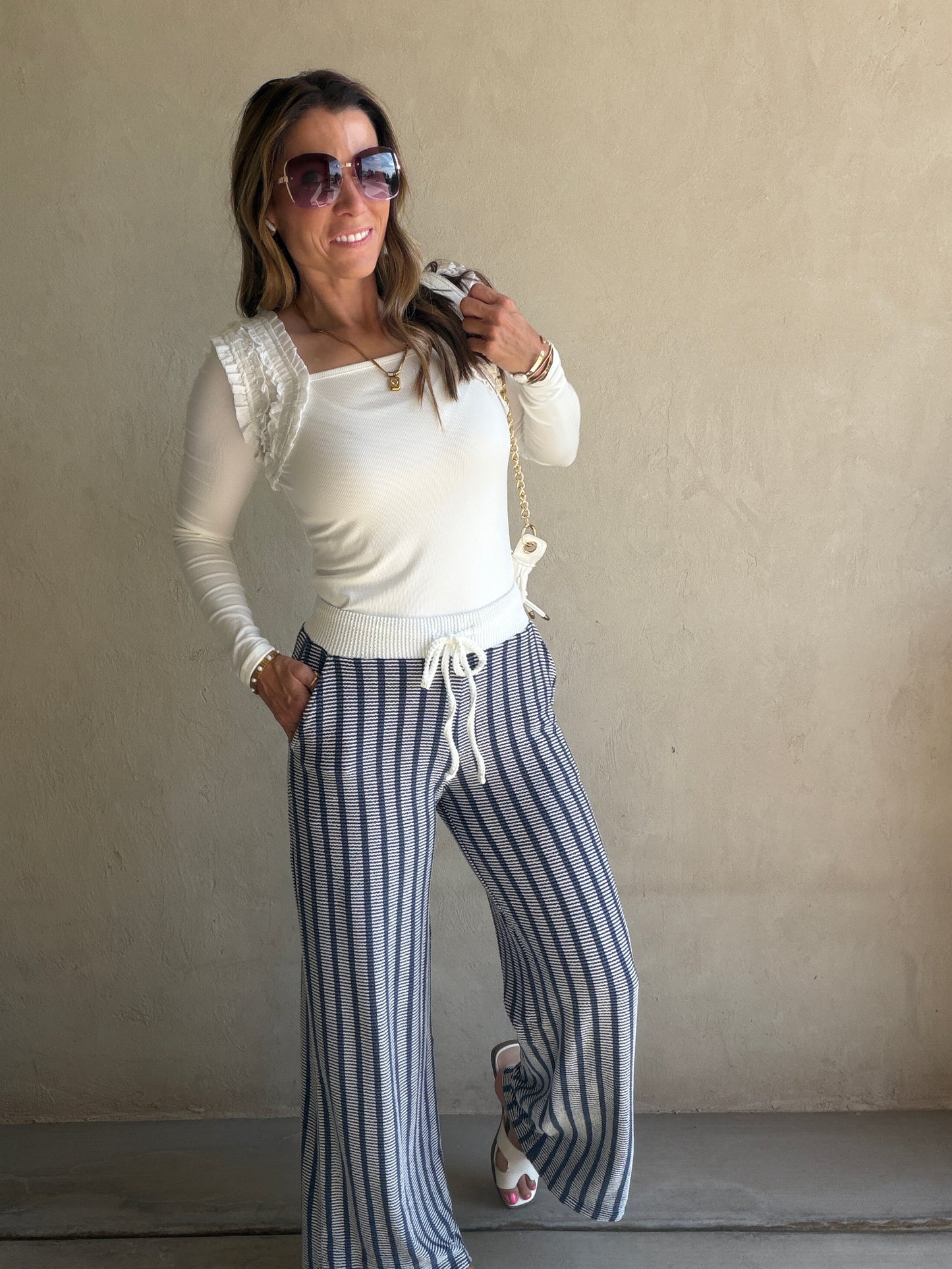Andrea Ribbed Pants in Navy & Ivory
