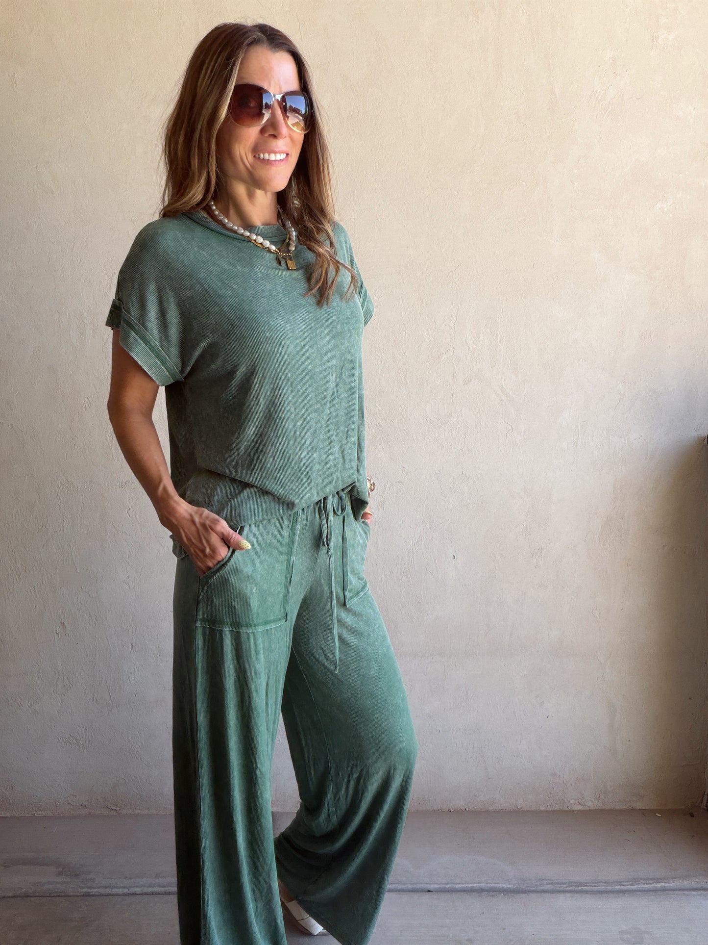 Raelyn Ribbed Mineral Washed Set in Green