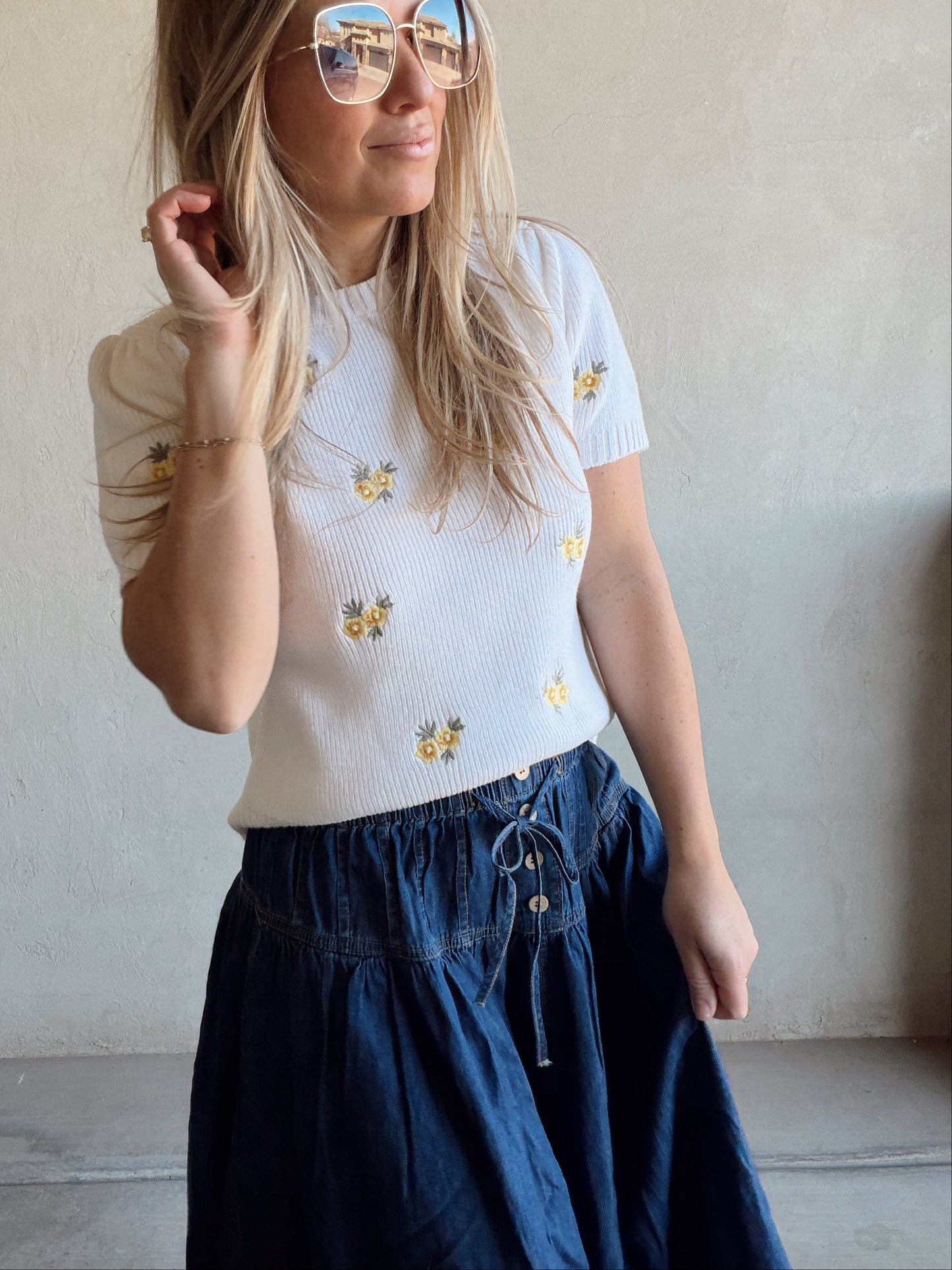 Pintuck Yoke Skirt in Dark Wash