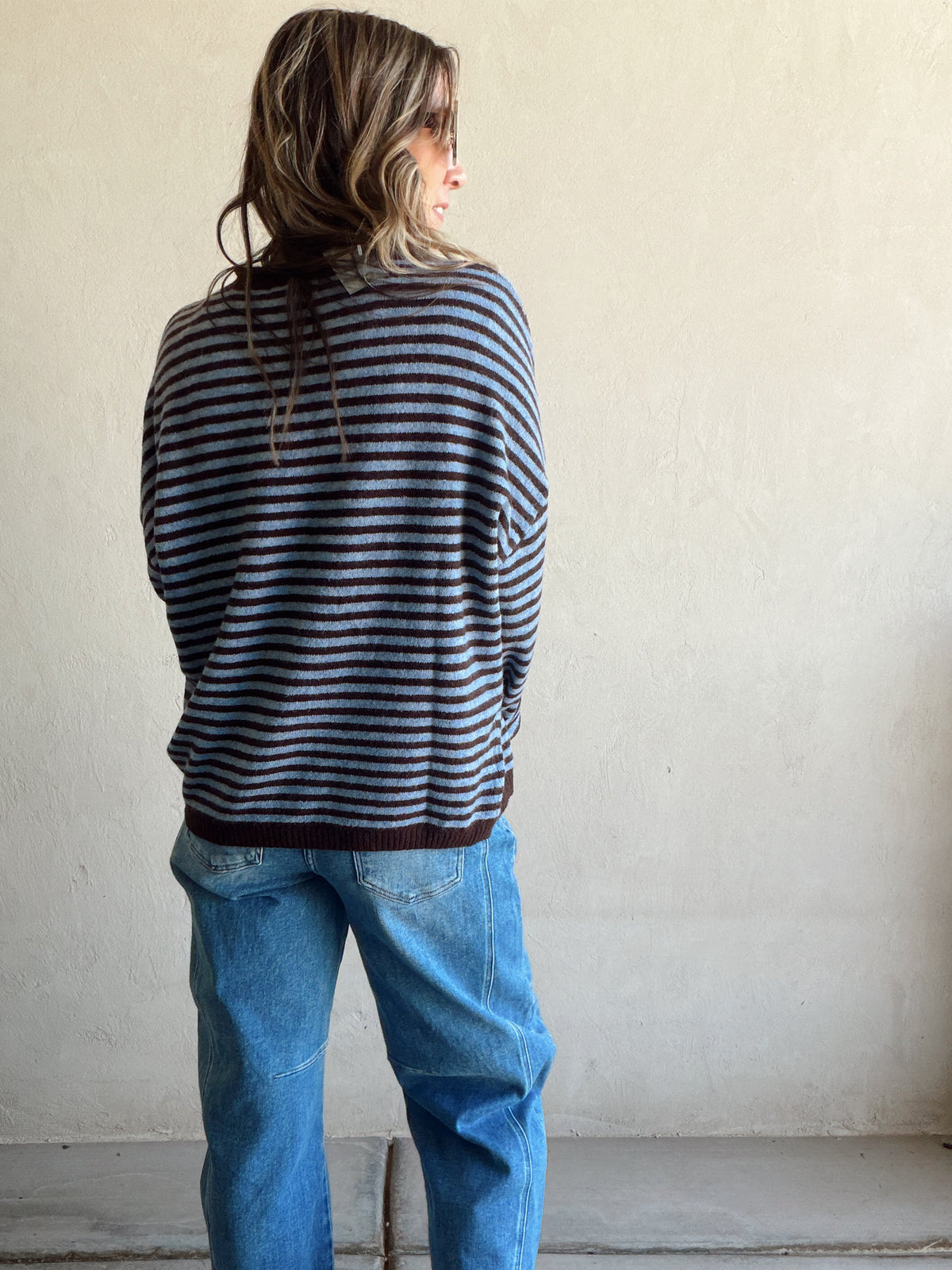 Hanna Henley Sweater in Blue & Chocolate