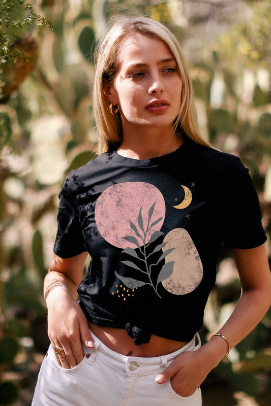 Abstract Floral Moon Tee in Black