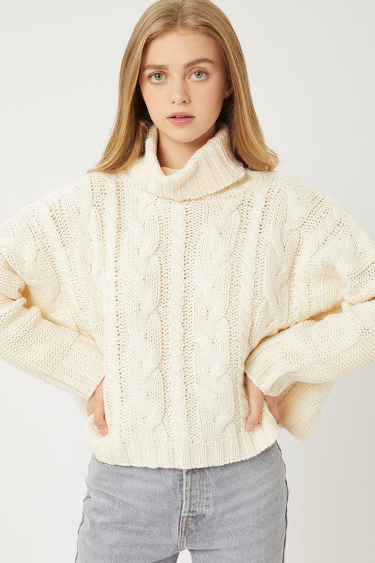 Turtle Neck Cable Knit Sweater in  Oatmeal and Pink