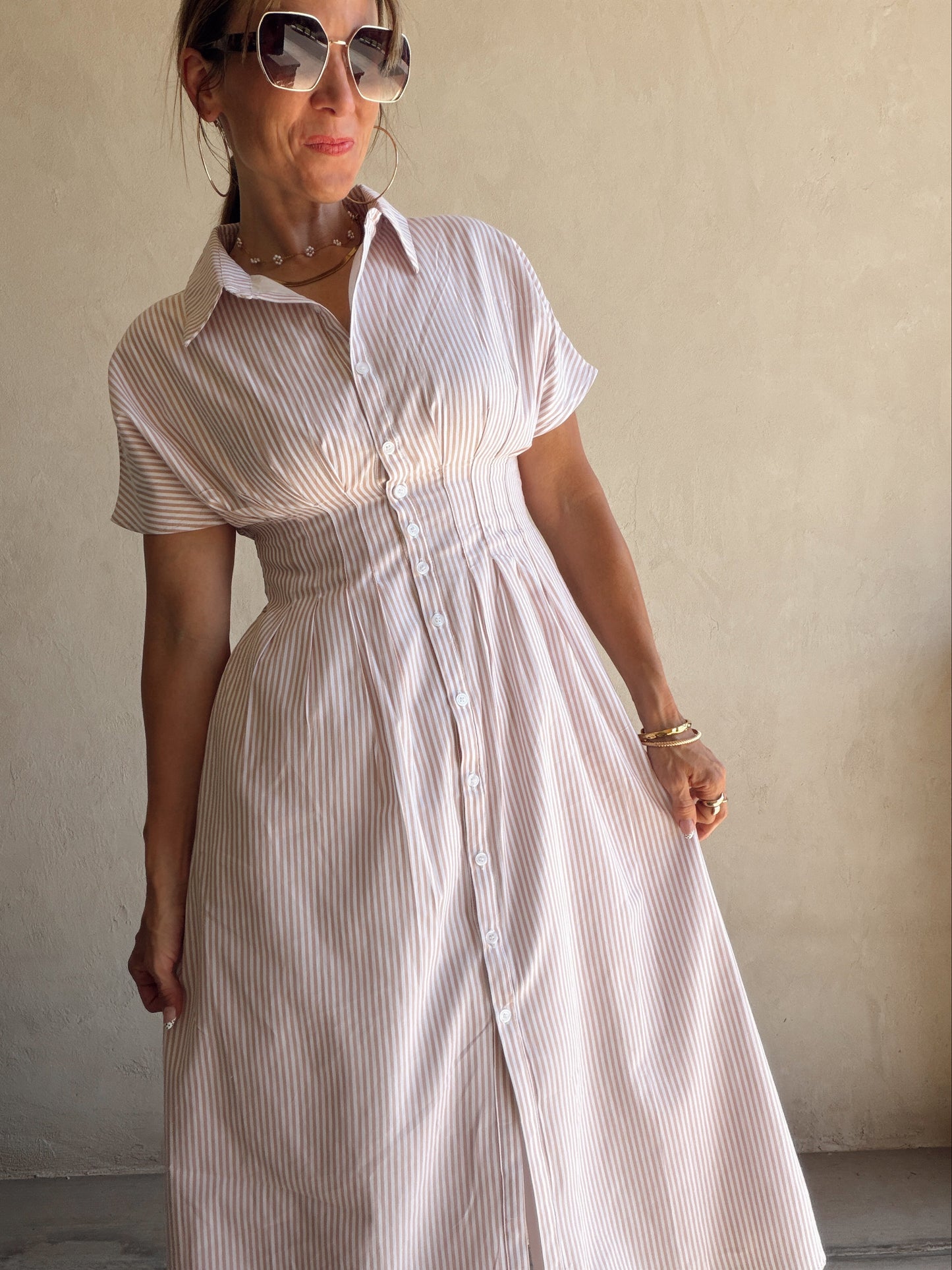 Sherri Striped Dress in Taupe & White