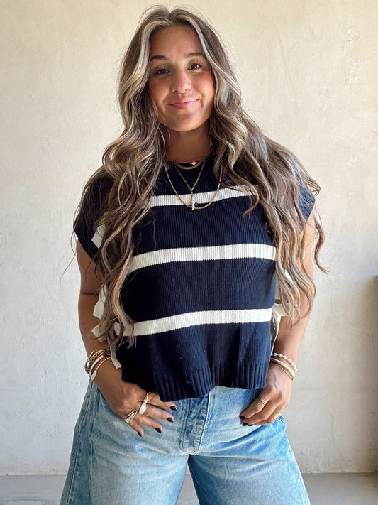 Lainee Striped Top with Side Bows in Navy, Mocha, and Ivory