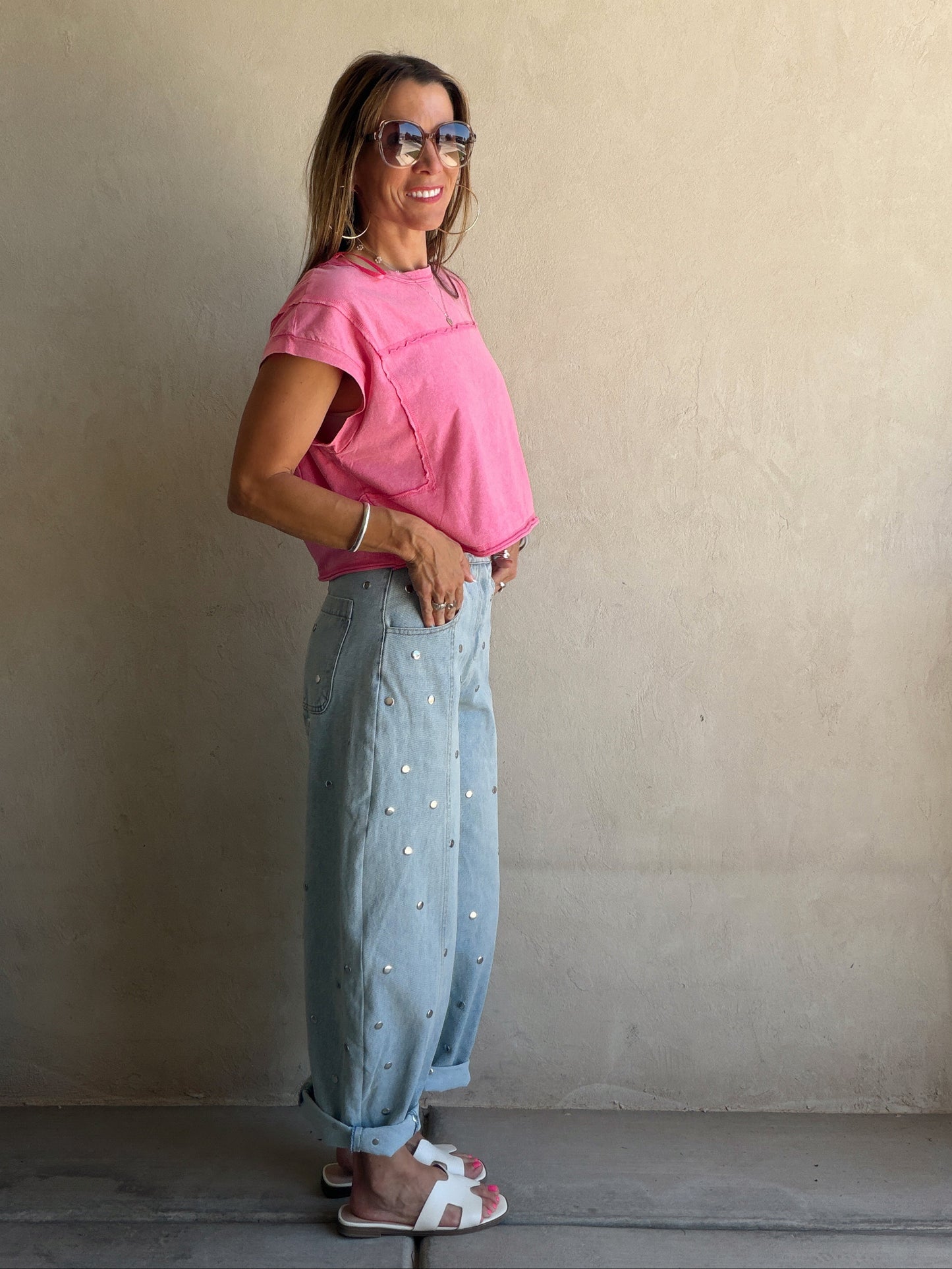 Lydia Light Wash Studded Barrel Jeans