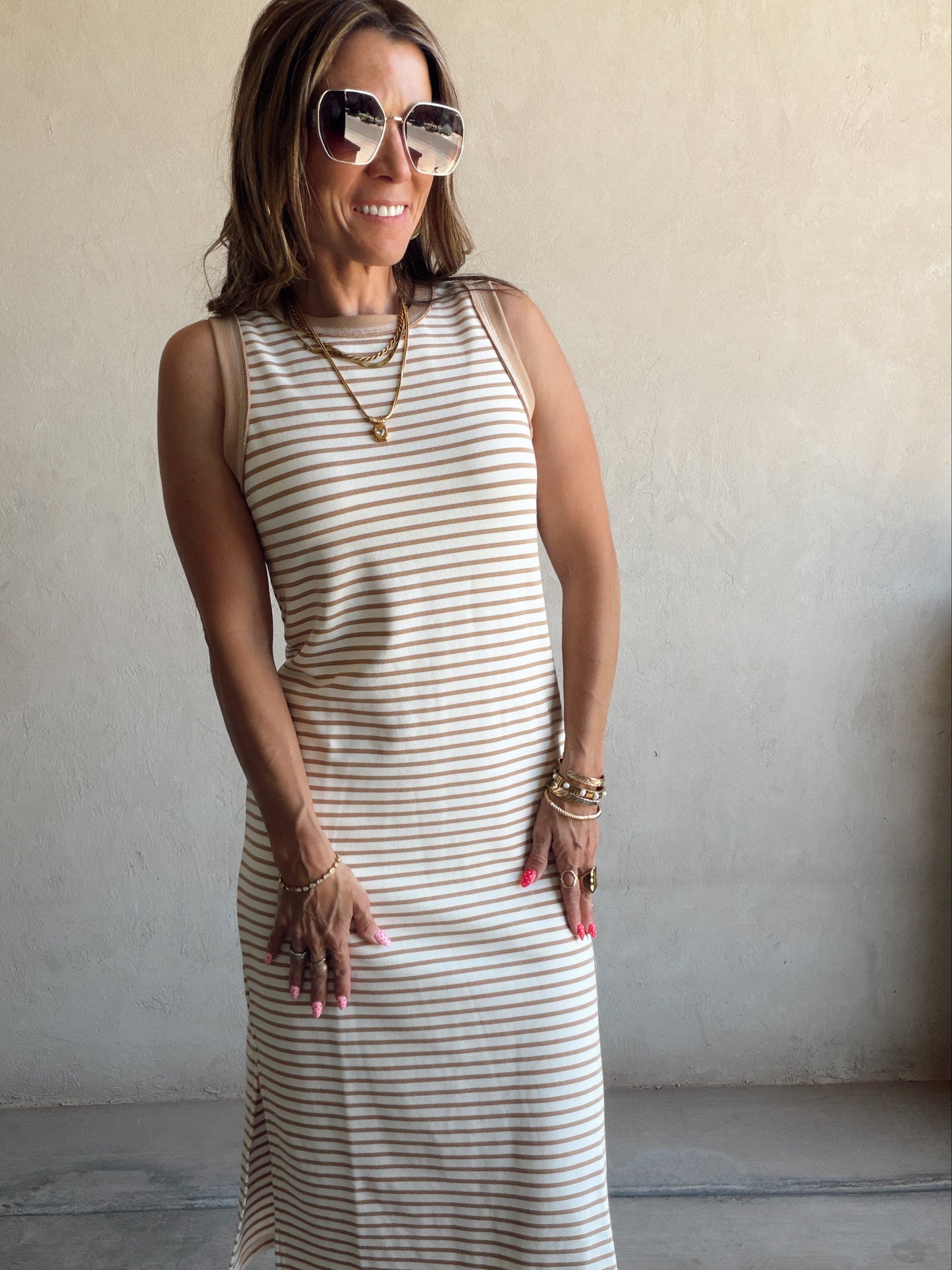 Iris Dress in Camel & Cream
